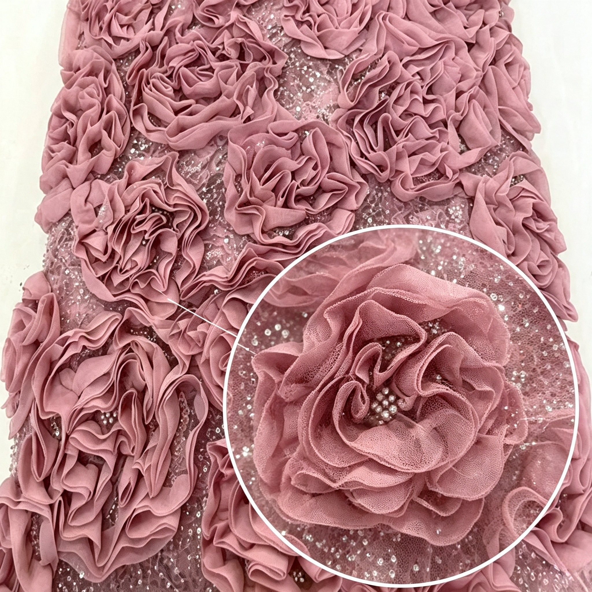 ANNAKOO custom pink rose beaded fabric for one shoulder prom dress