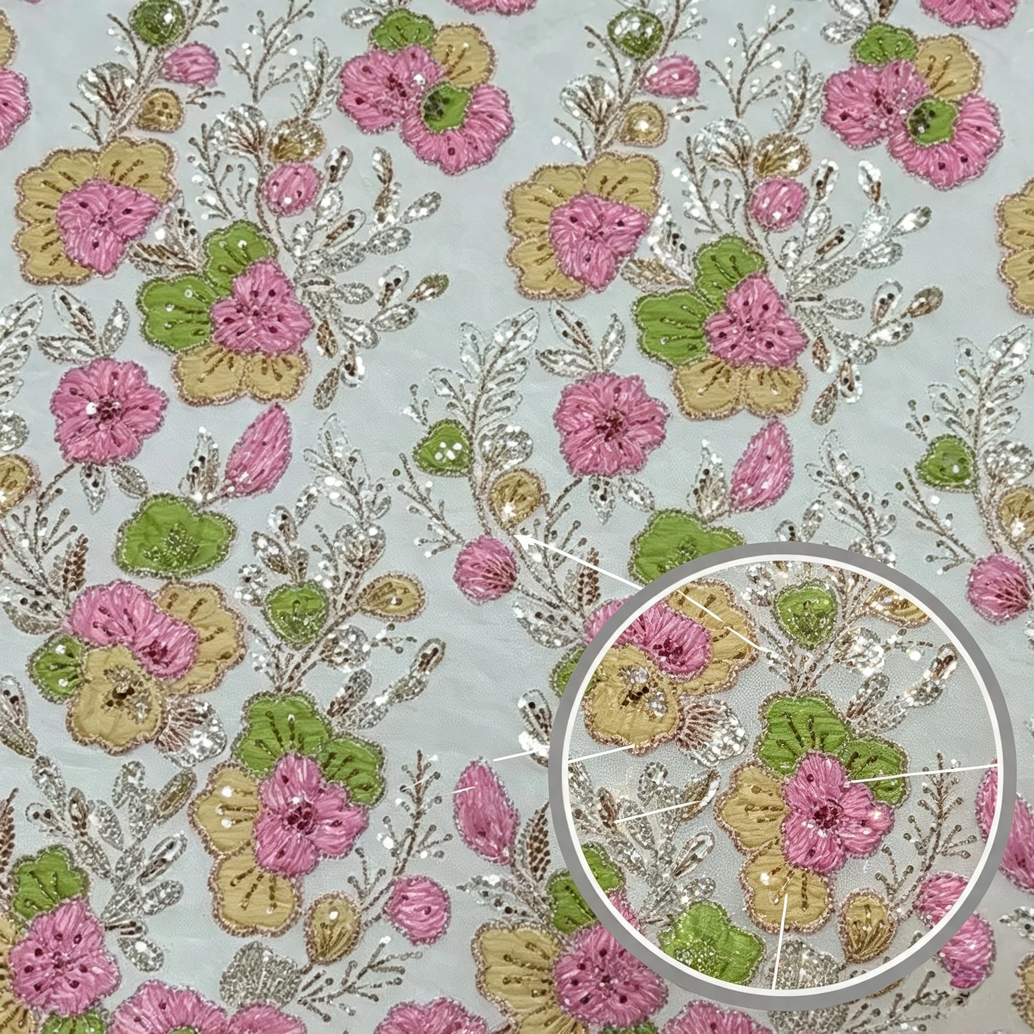 ANNAKOO custom vintage pink multi petal floral embroidery lace with green leaves silver sequin vines and crystal details