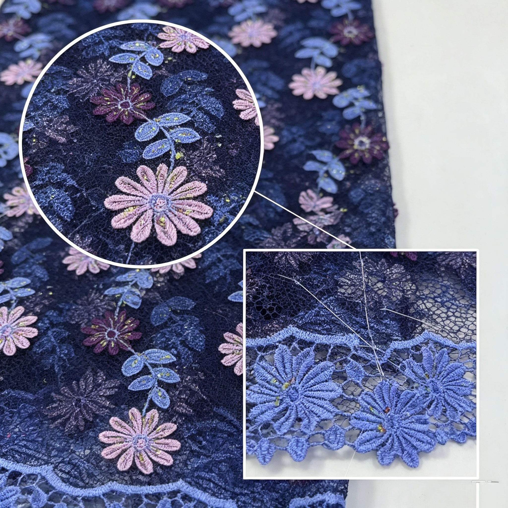 Navy Blue Multi-Tonal Floral Embroidered Mesh Fabric