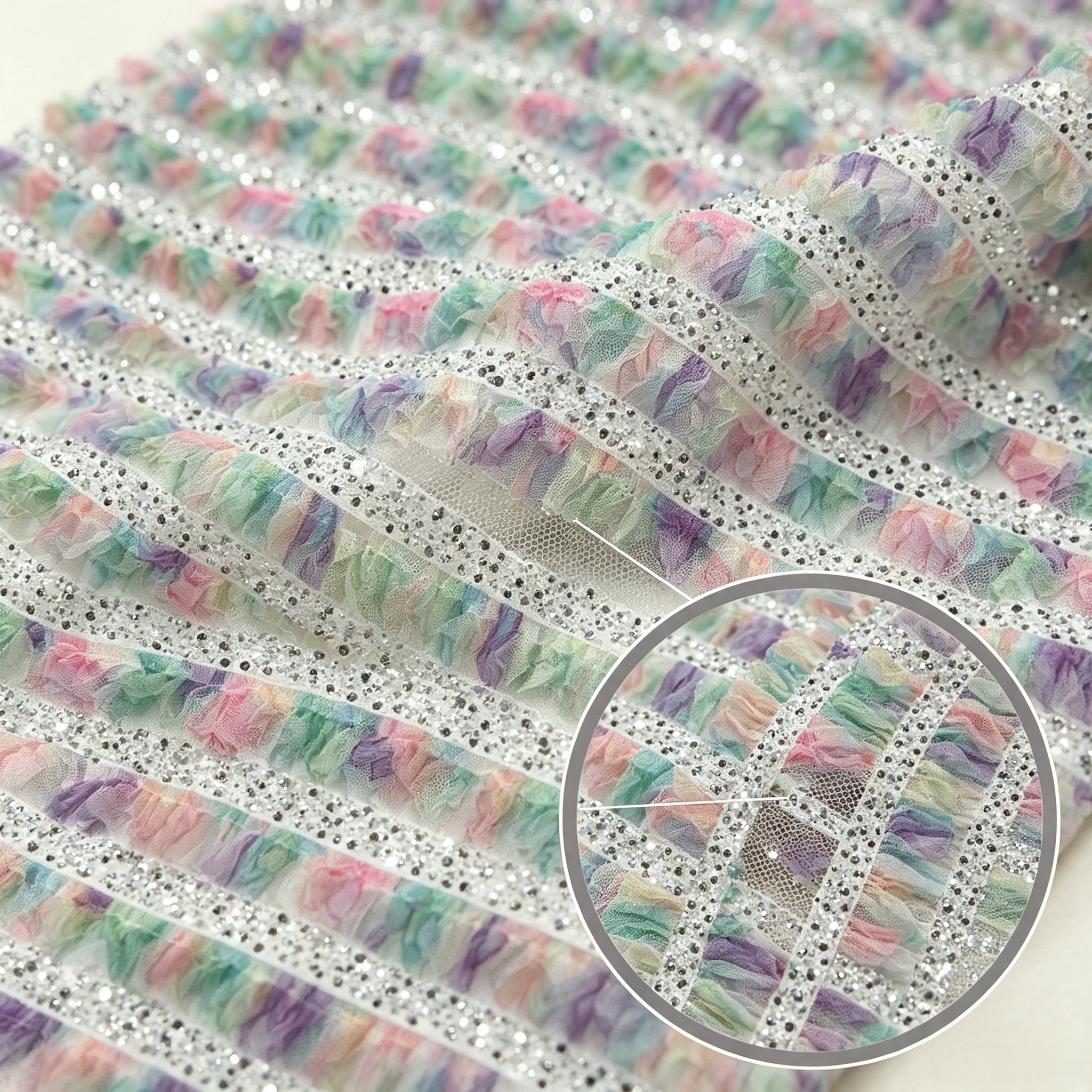 ANNAKOO custom rainbow striped ruffle rhinestone mesh fabric for ombre prom dress