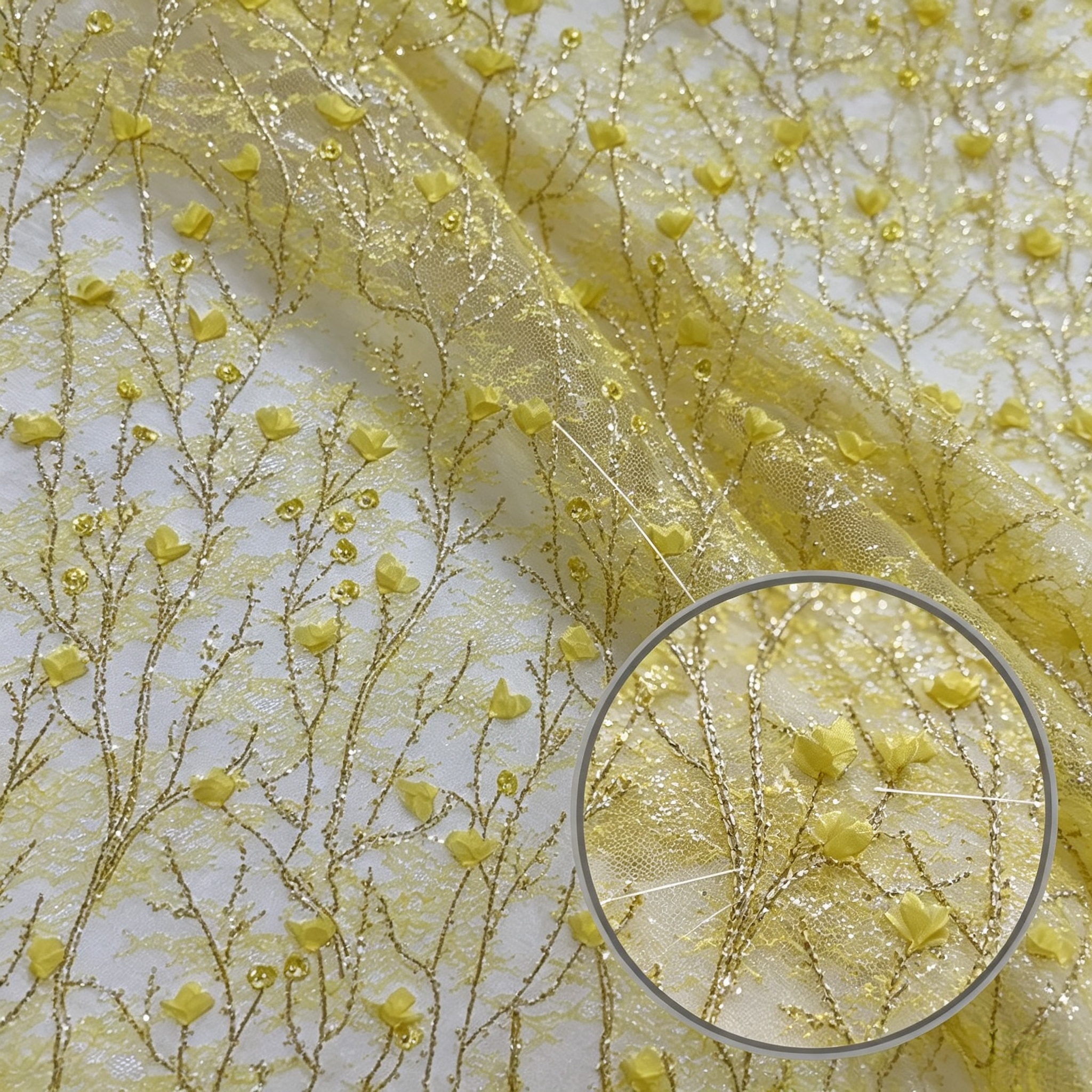 ANNAKOO custom yellow tulle with 3D tulip appliques gold twig embroidery and rhinestone details