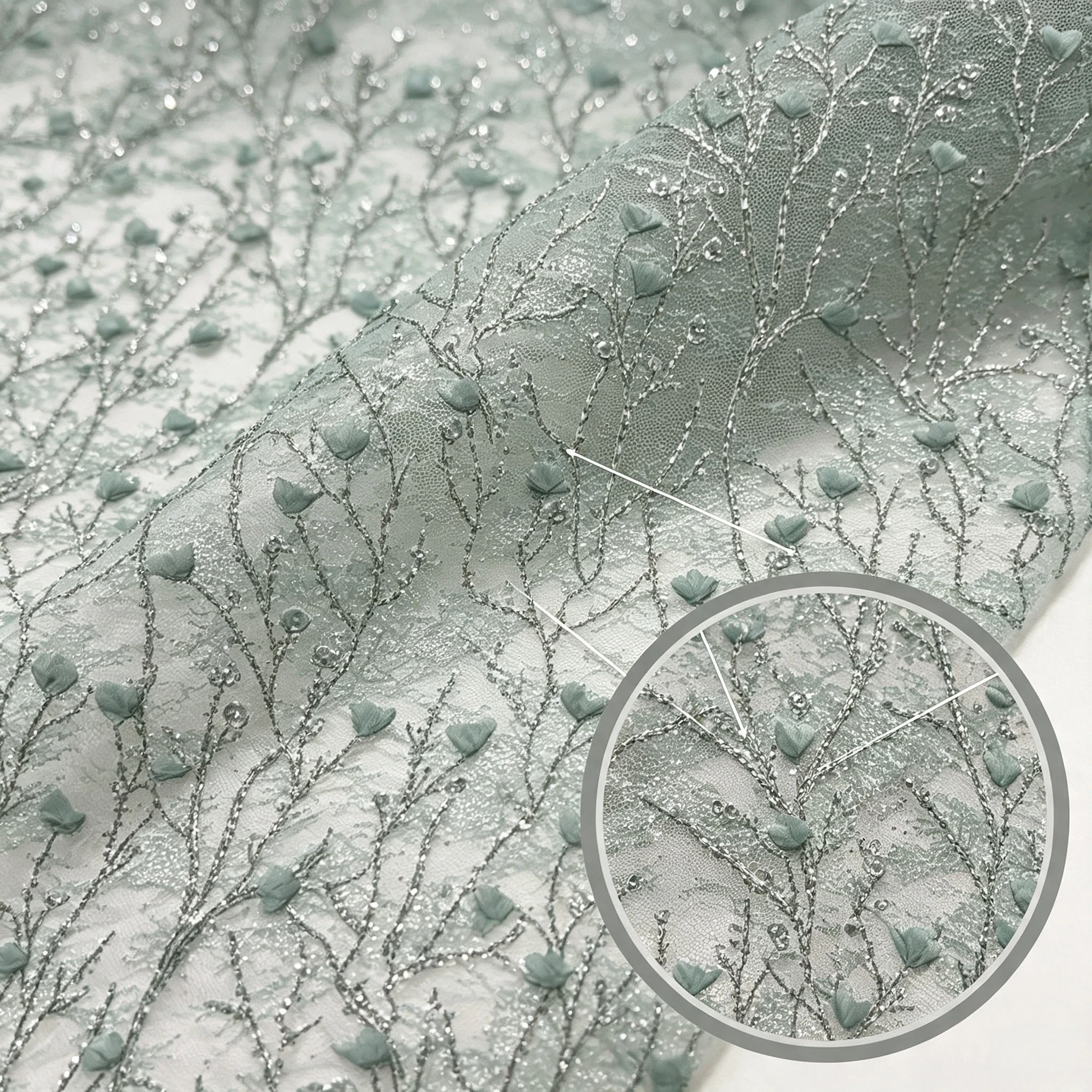 ANNAKOO custom sage green tulle with silver twig embroidery 3D flowers and crystal rhinestones