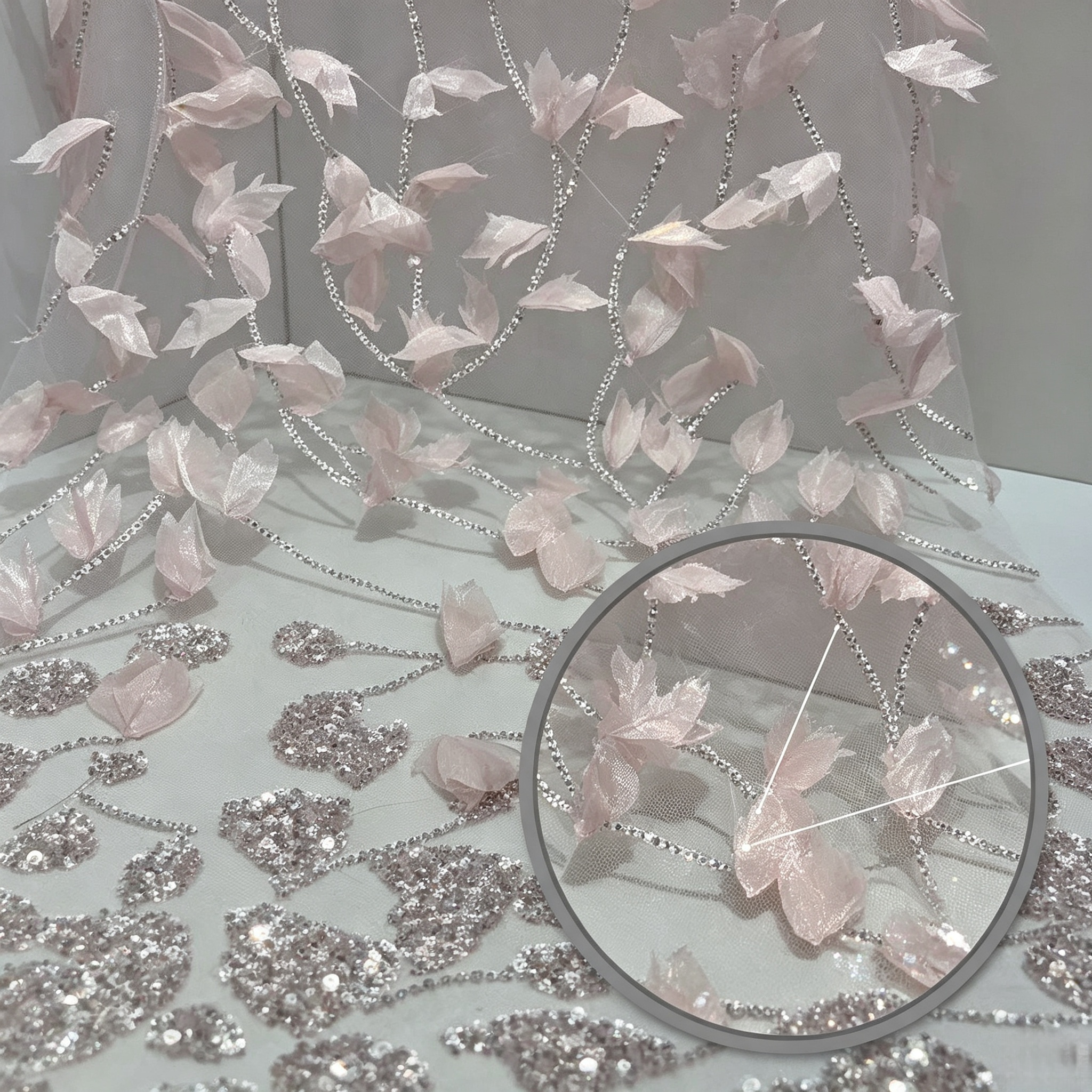 ANNAKOO custom pink tulle fabric with crystal vine lines pink petals and silver sequin floral motifs