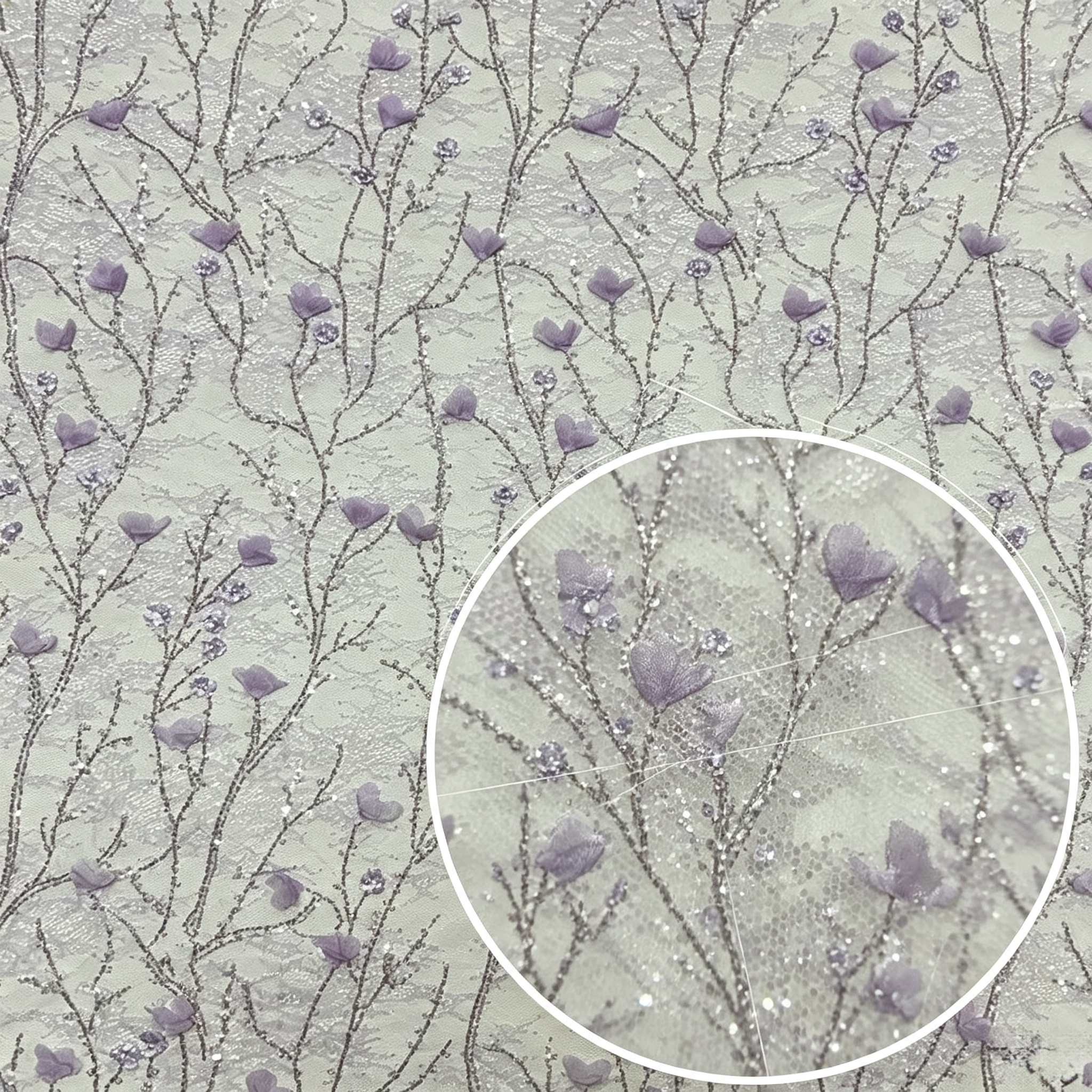 ANNAKOO custom lavender lace with 3D petals silver twig embroidery and rhinestone details