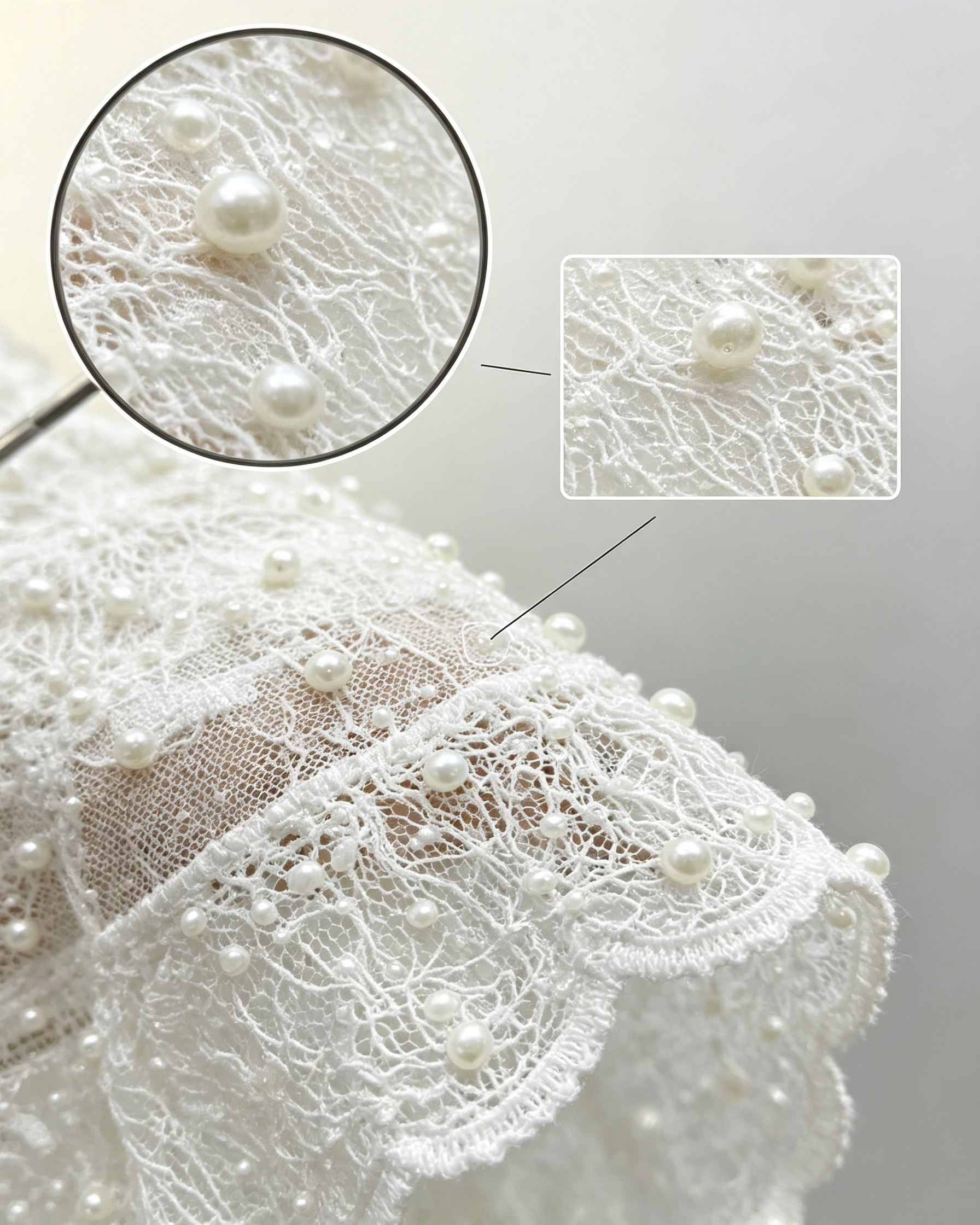 White Hollow Woven Lace Fabric with Pearl Embellishment