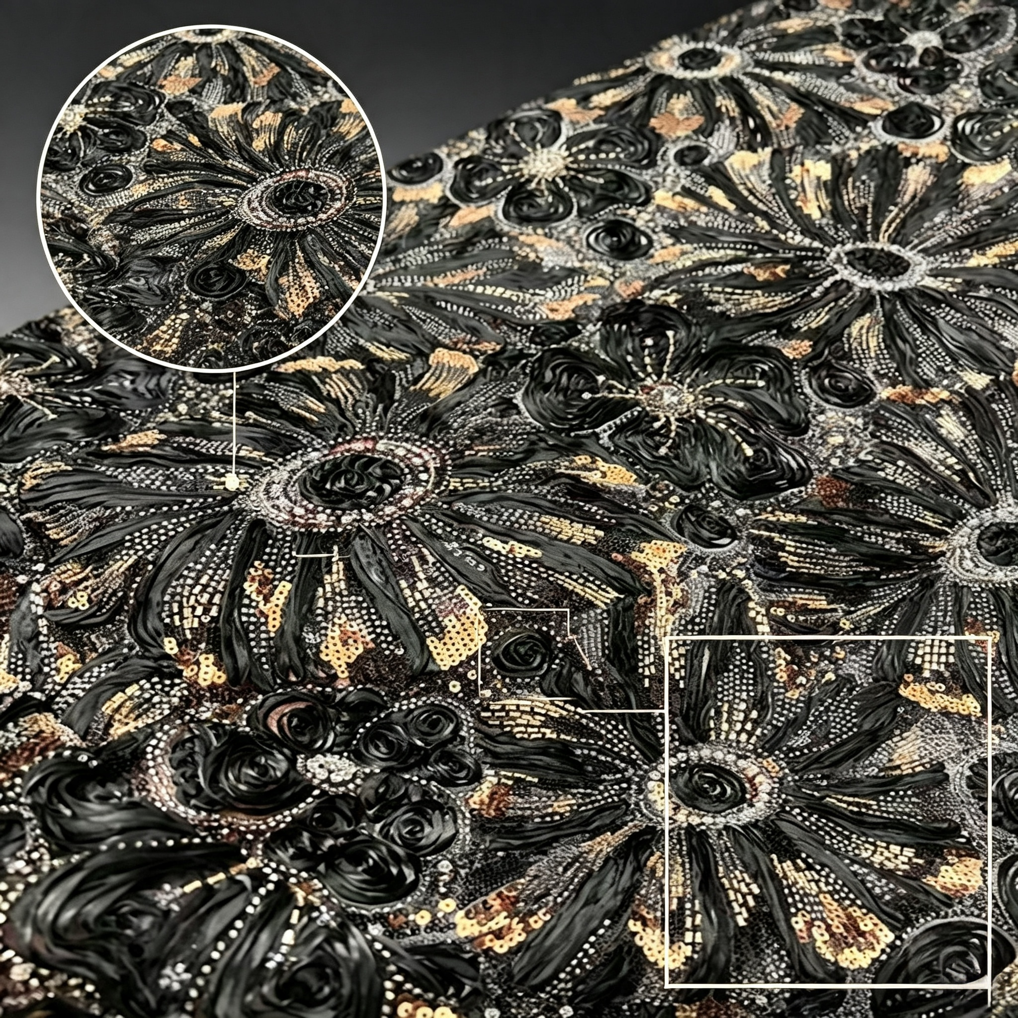 ANNAKOO custom black floral embellished fabric with dimensional flowers and beading
