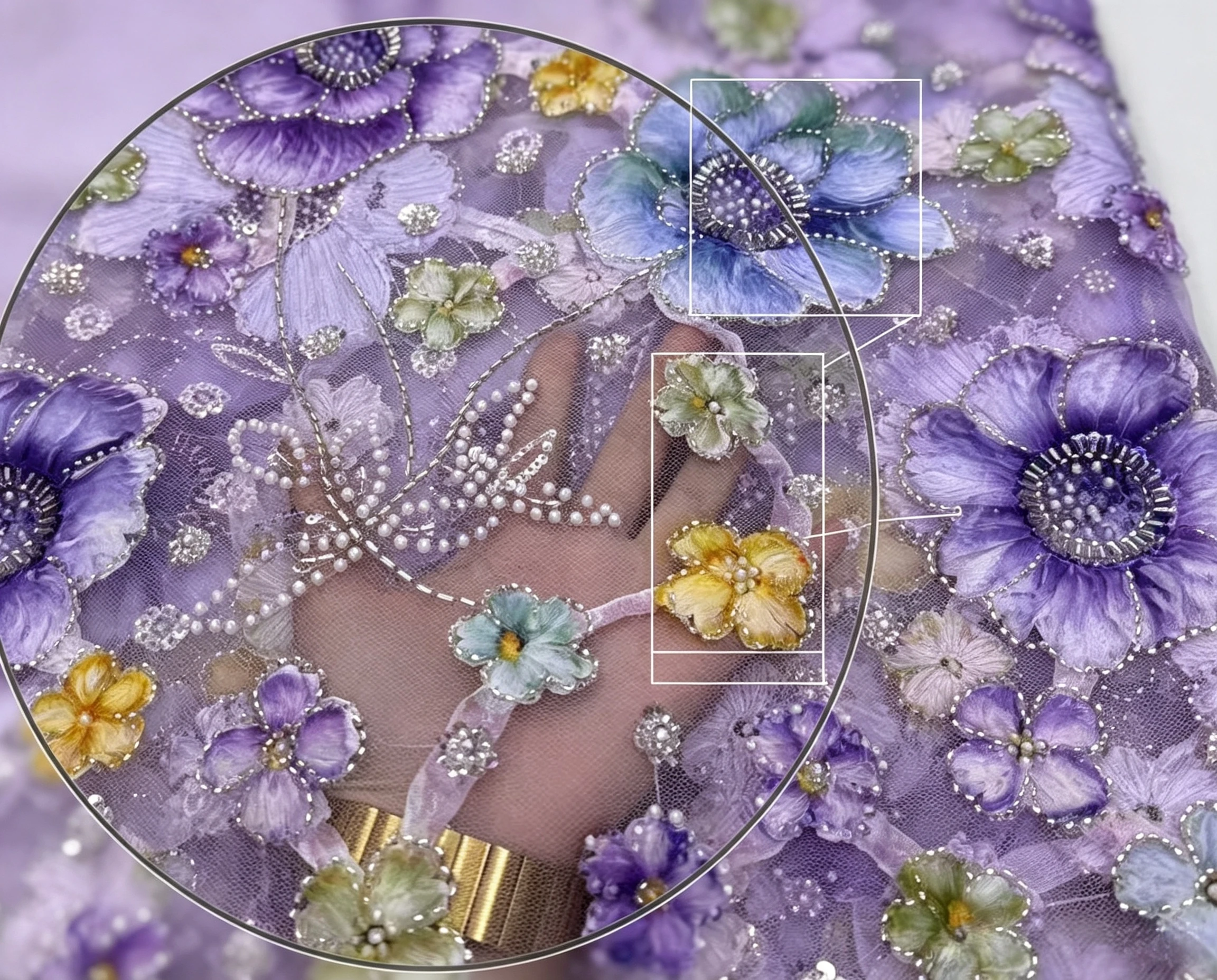 Lavender prom dress fabric and floral appliqu&eacute; detail study