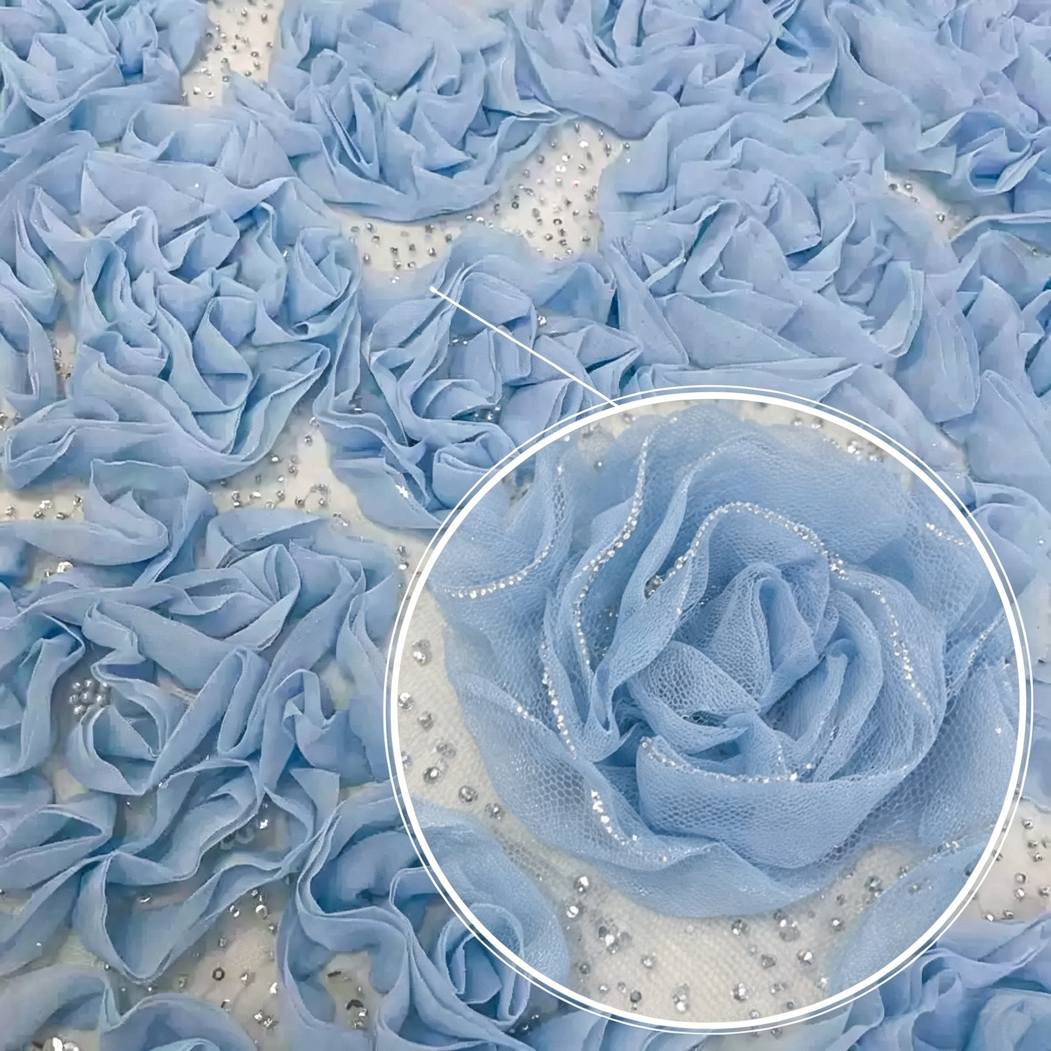 ANNAKOO custom sky blue 3D chiffon rose rhinestone tulle fabric with crystal edged petals