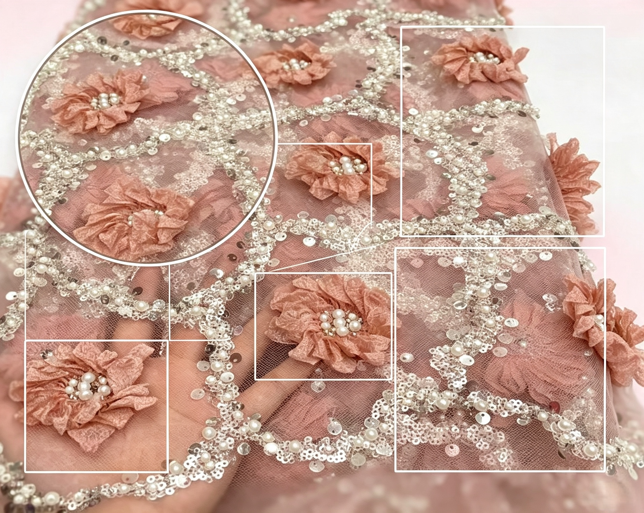 ANNAKOO custom dusty pink tulle with 3D flowers pearls and silver sequin embroidery