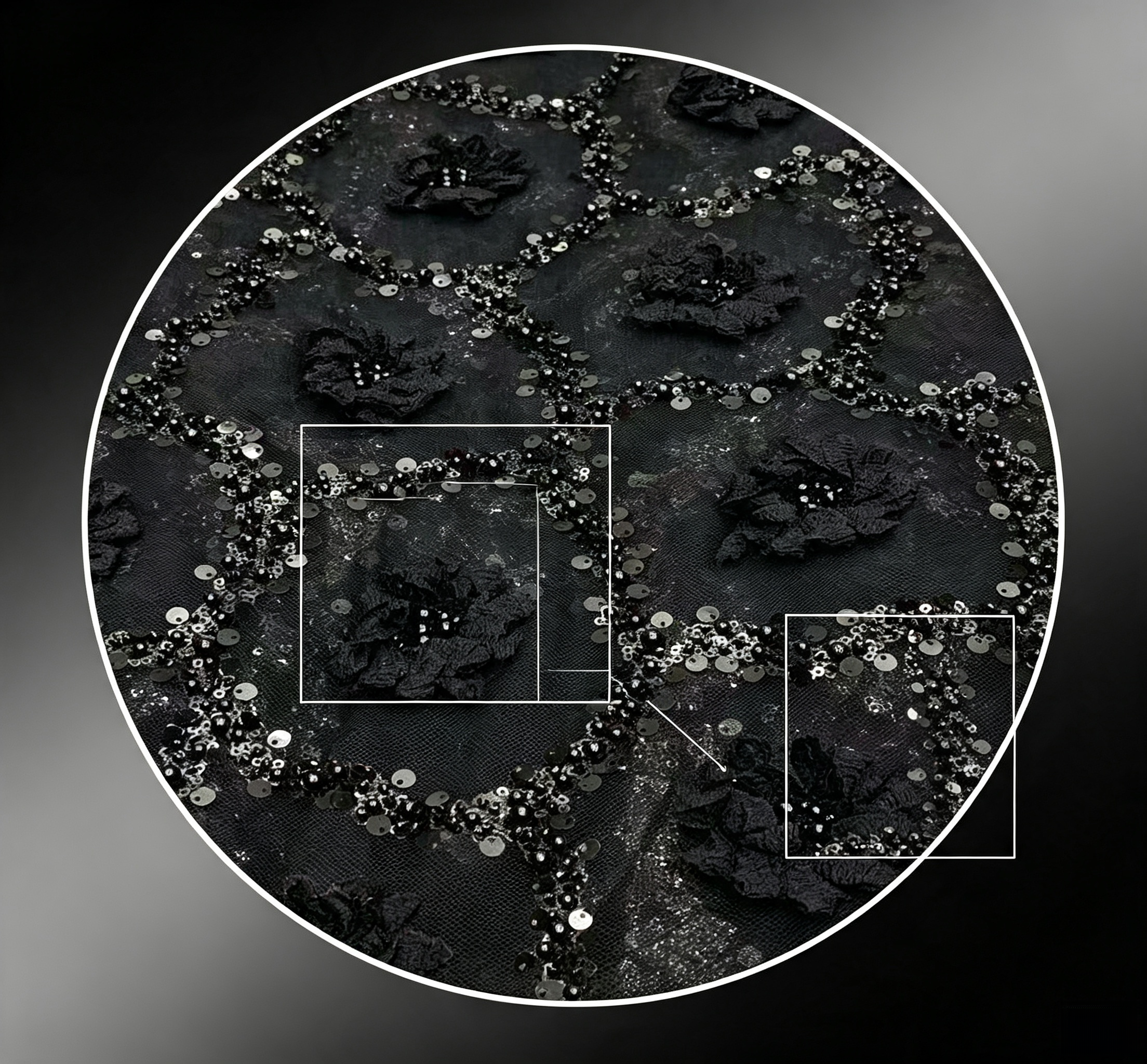 ANNAKOO custom black tulle fabric with black flowers black beads and silver sequin embellishment