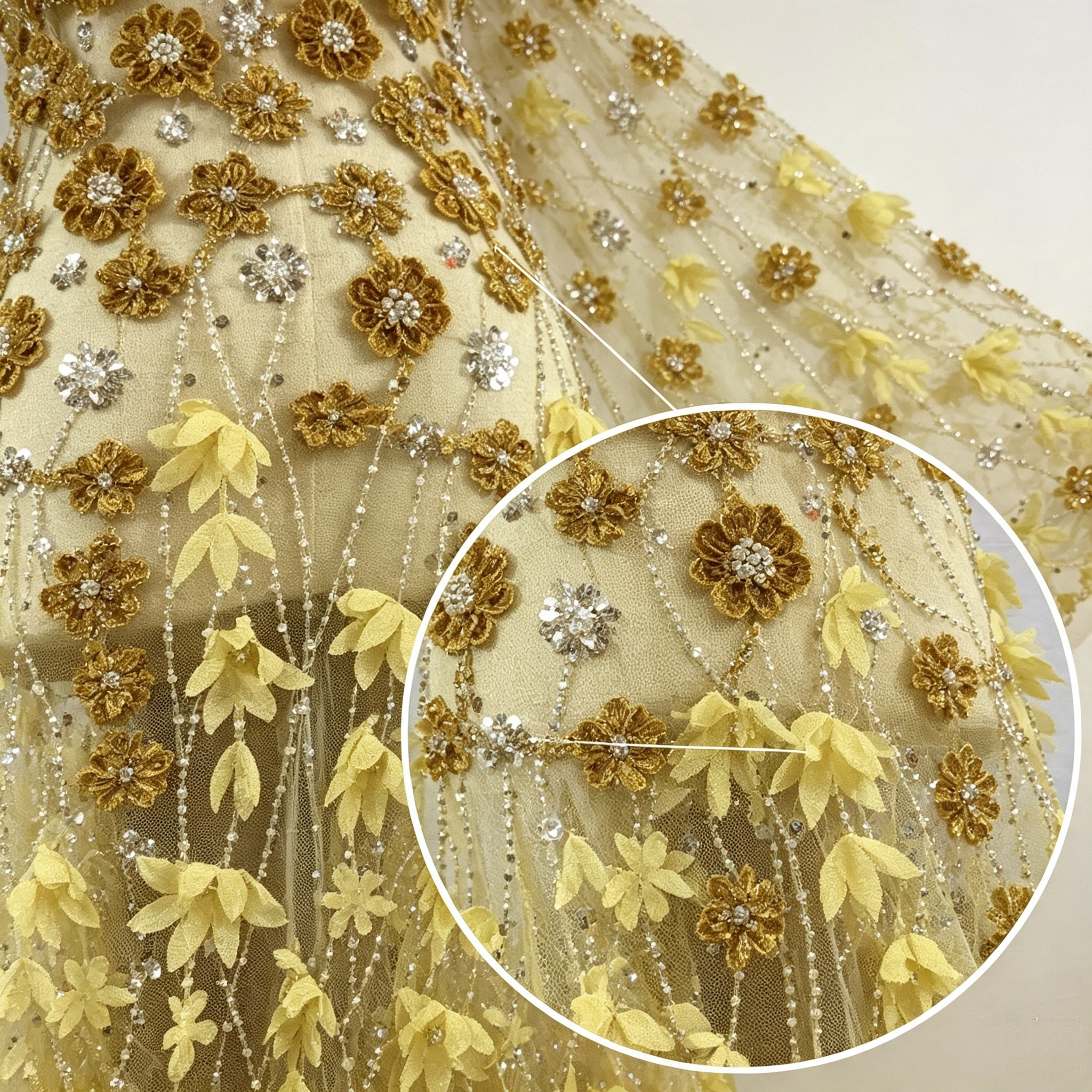 ANNAKOO custom yellow floral sequin tulle fabric for prom dress