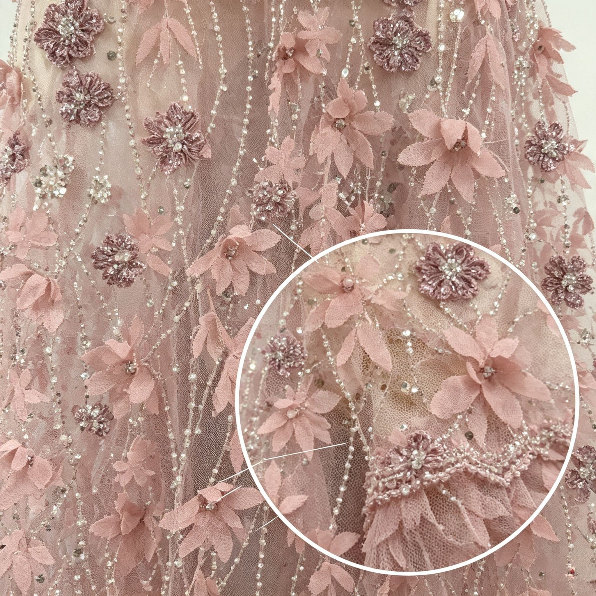 ANNAKOO custom pink floral beaded tulle fabric with pearl fringe
