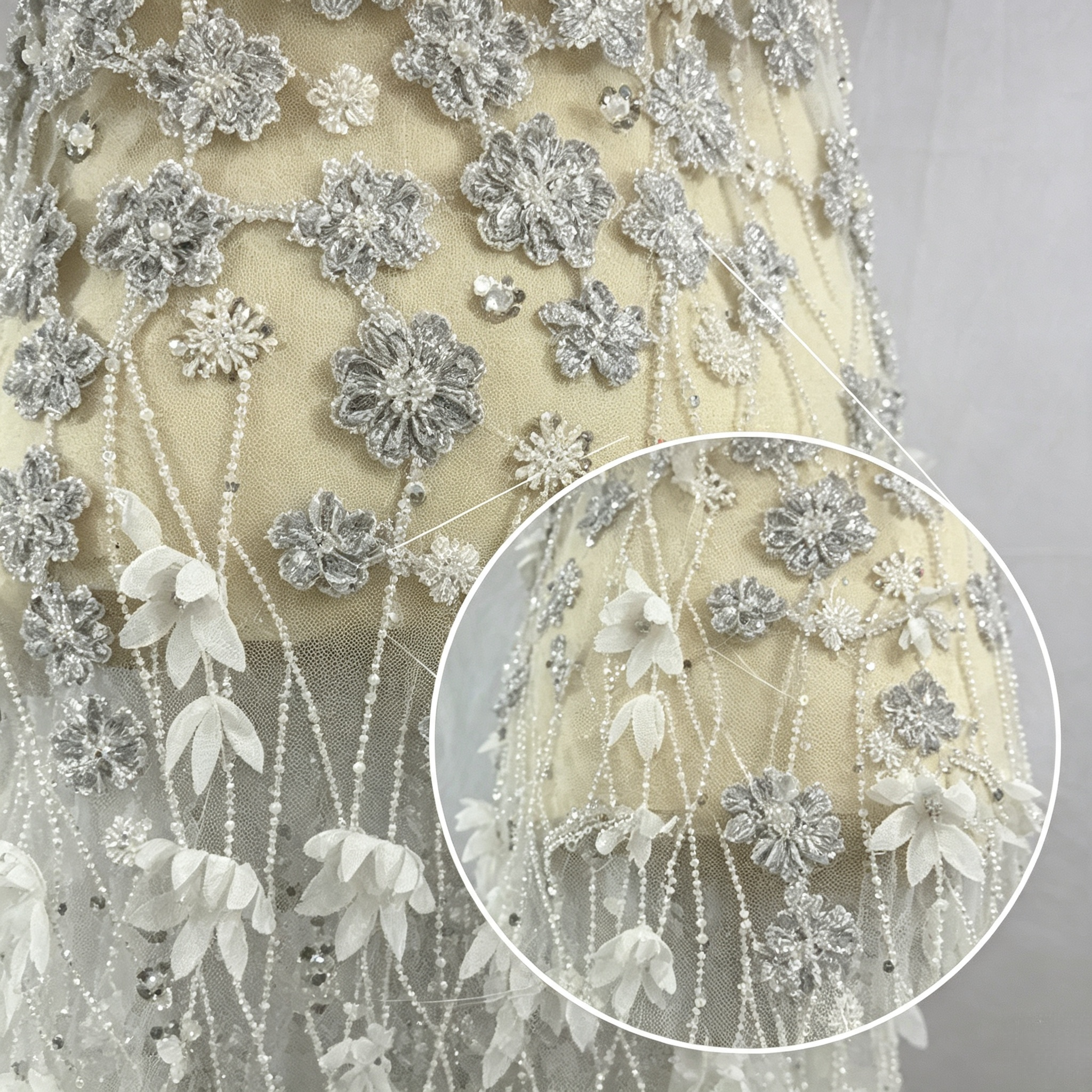 ANNAKOO custom ivory floral beaded tulle fabric with white pearl fringe
