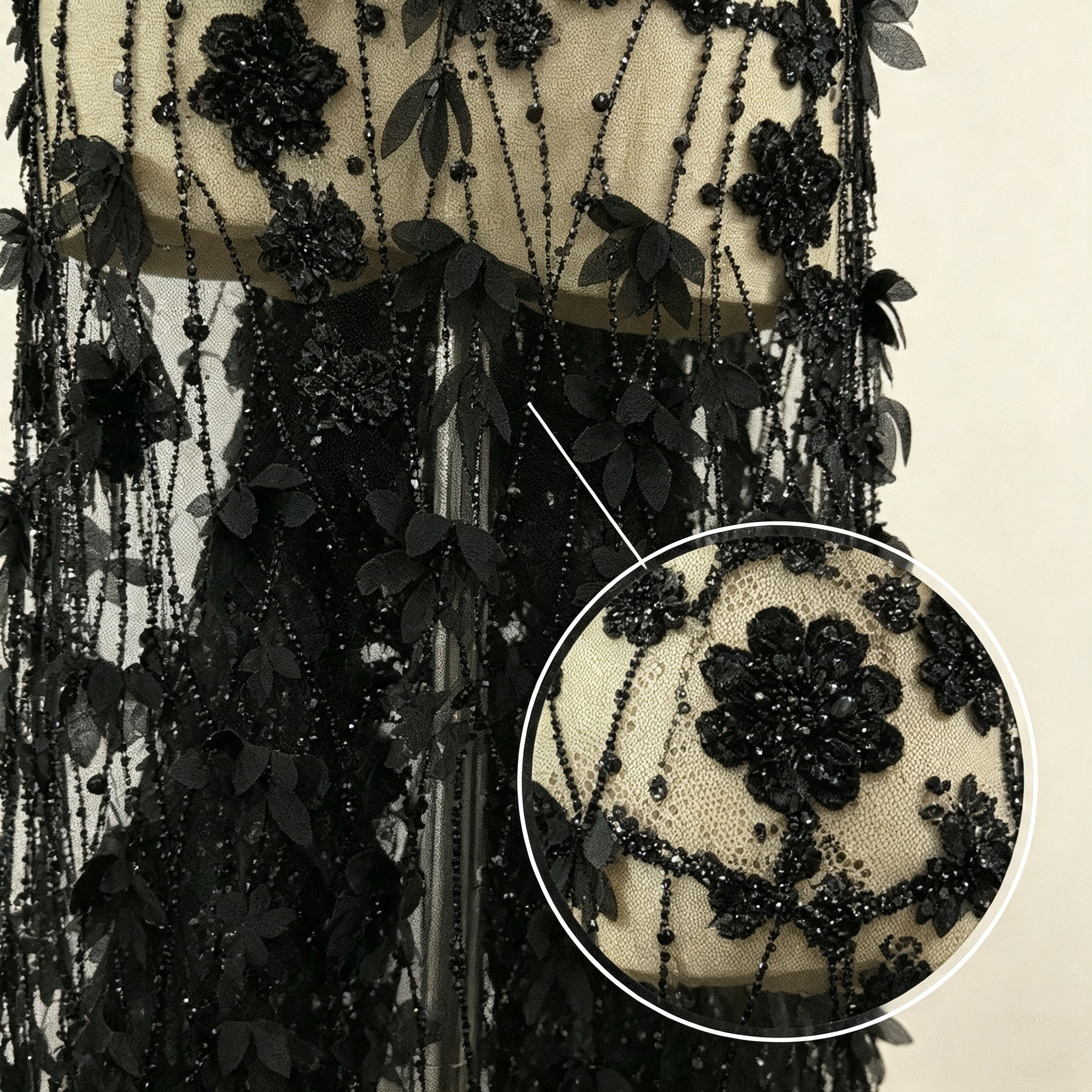 ANNAKOO custom black floral beaded fringe tulle fabric