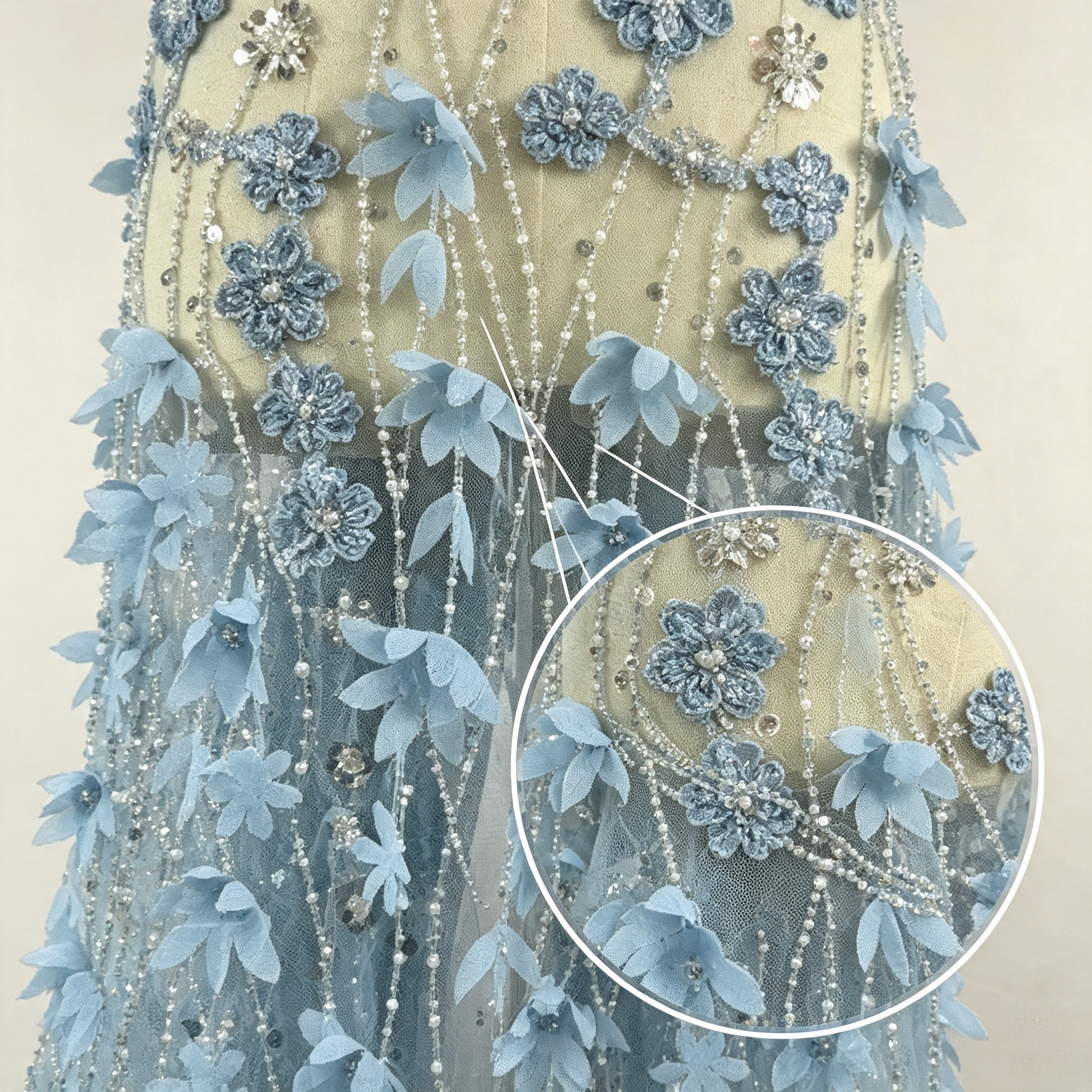 ANNAKOO custom dusty blue beaded floral tulle fabric with dimensional embellishment