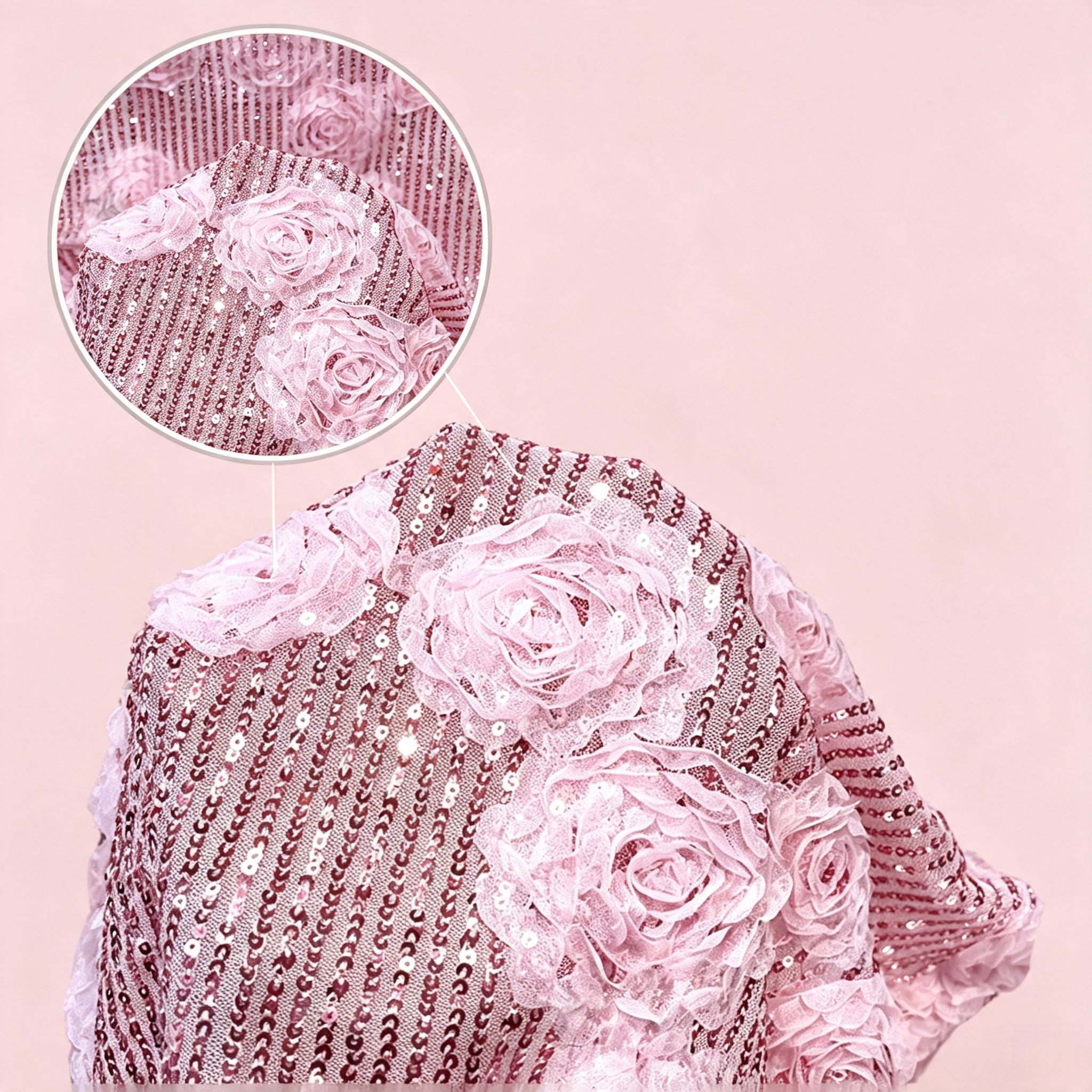 Pink sequin fabric with dimensional rose lace appliques detail