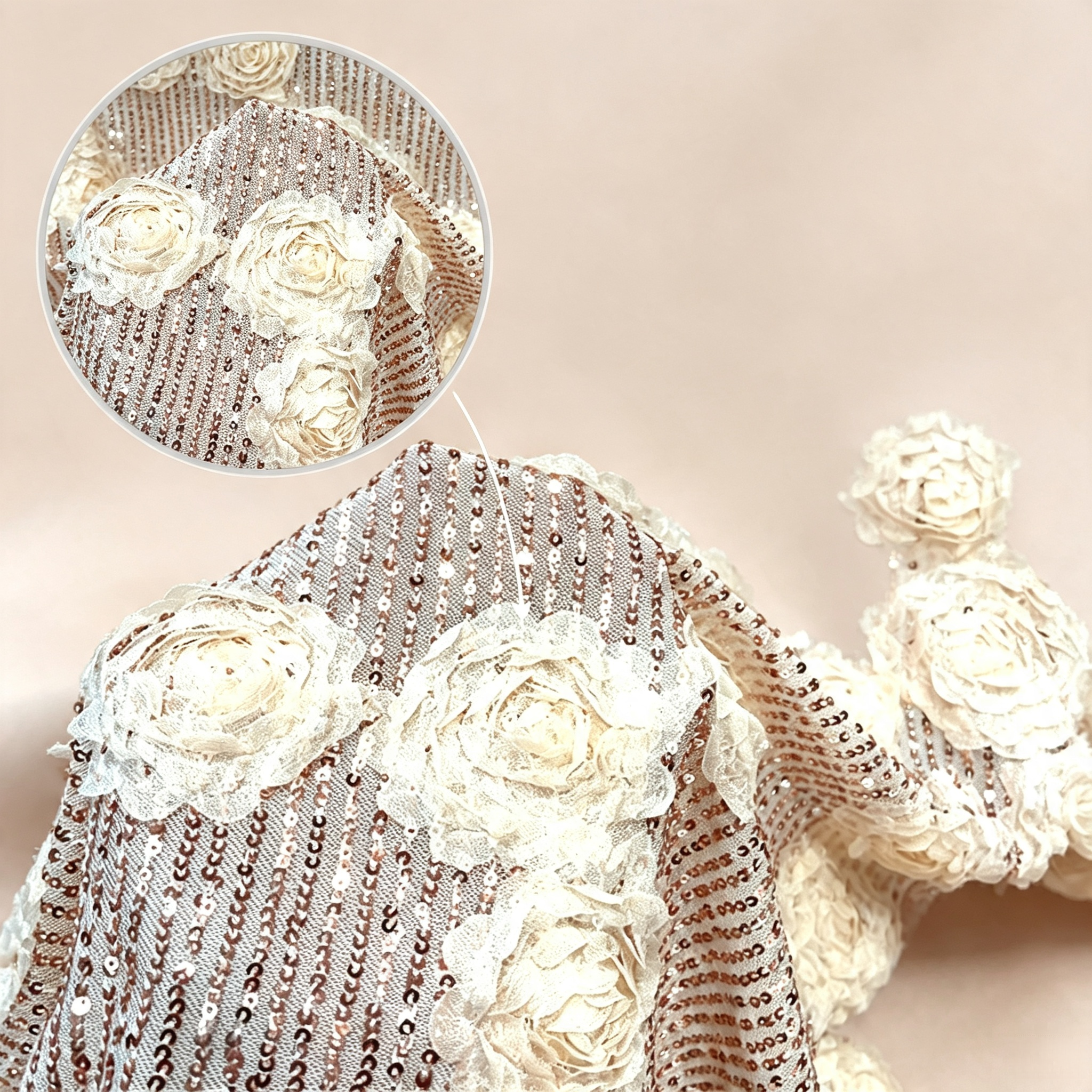 Champagne sequin fabric with raised ivory champagne rose appliques