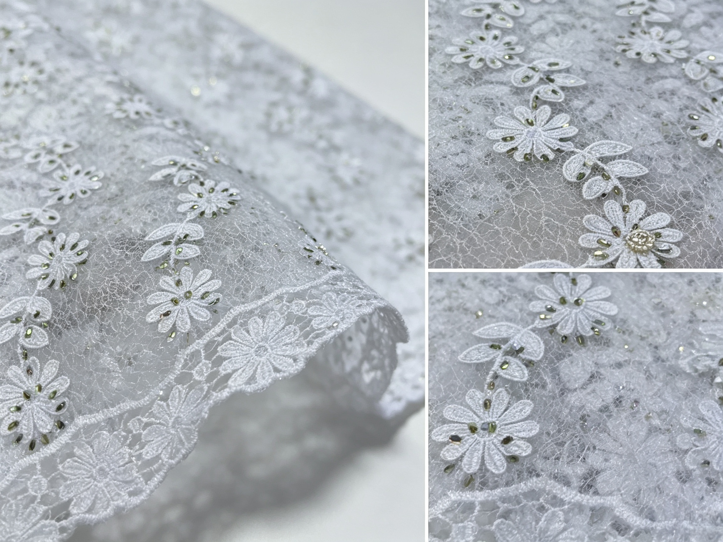 White Daisy Beaded Lace Fabric