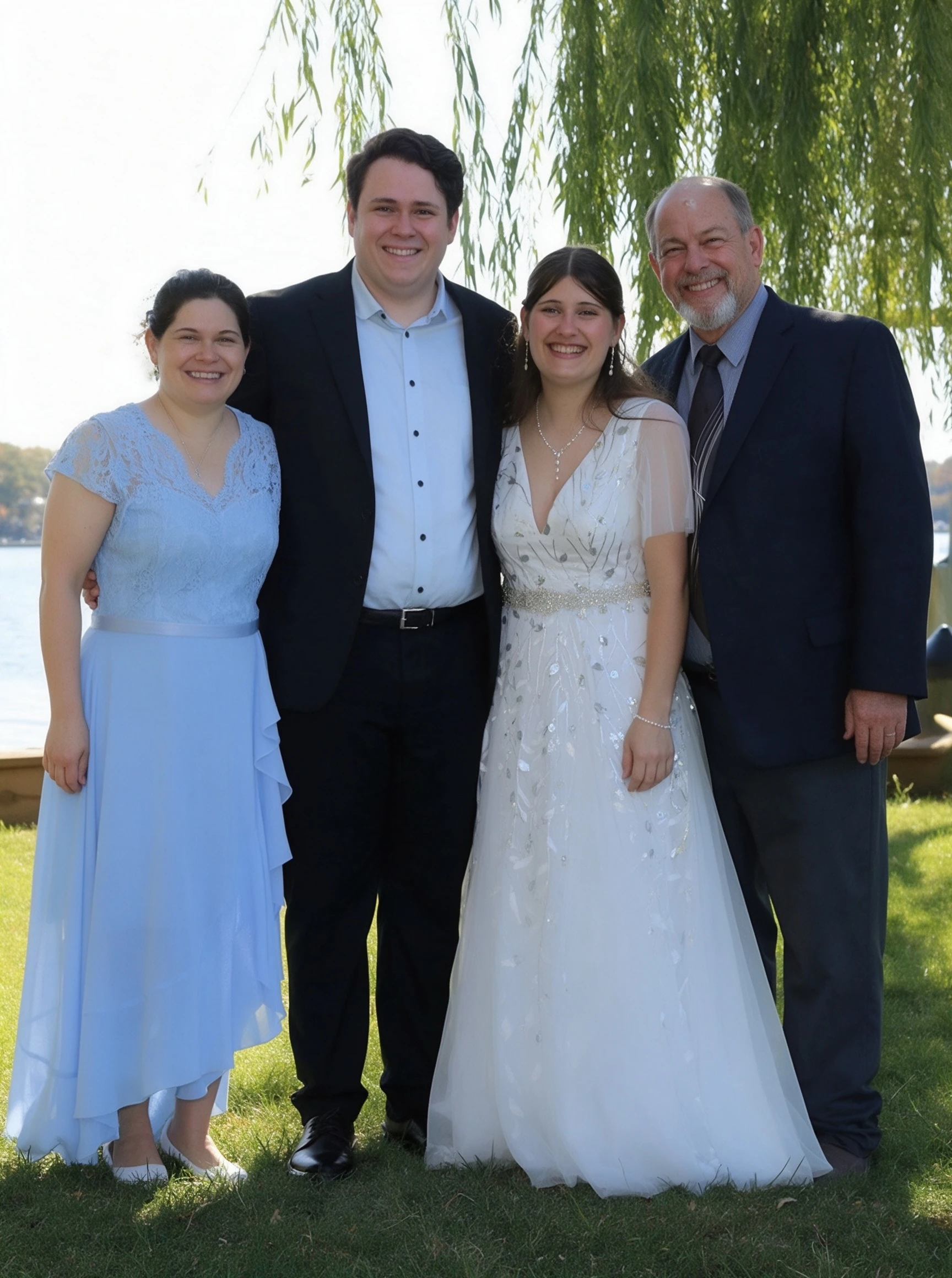 Lauren with family beside the water in her beaded ivory wedding gown