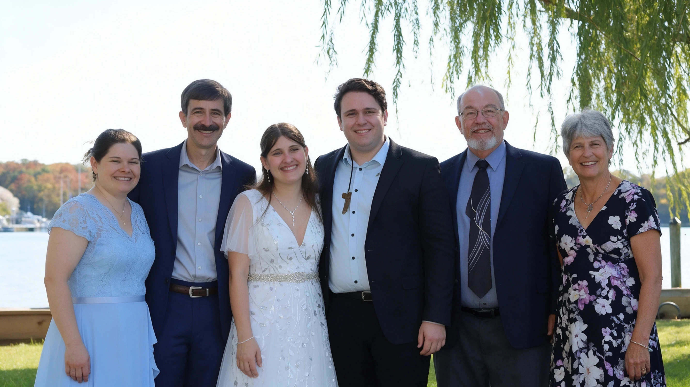 Family portrait with Lauren wearing her beaded silver leaf wedding gown