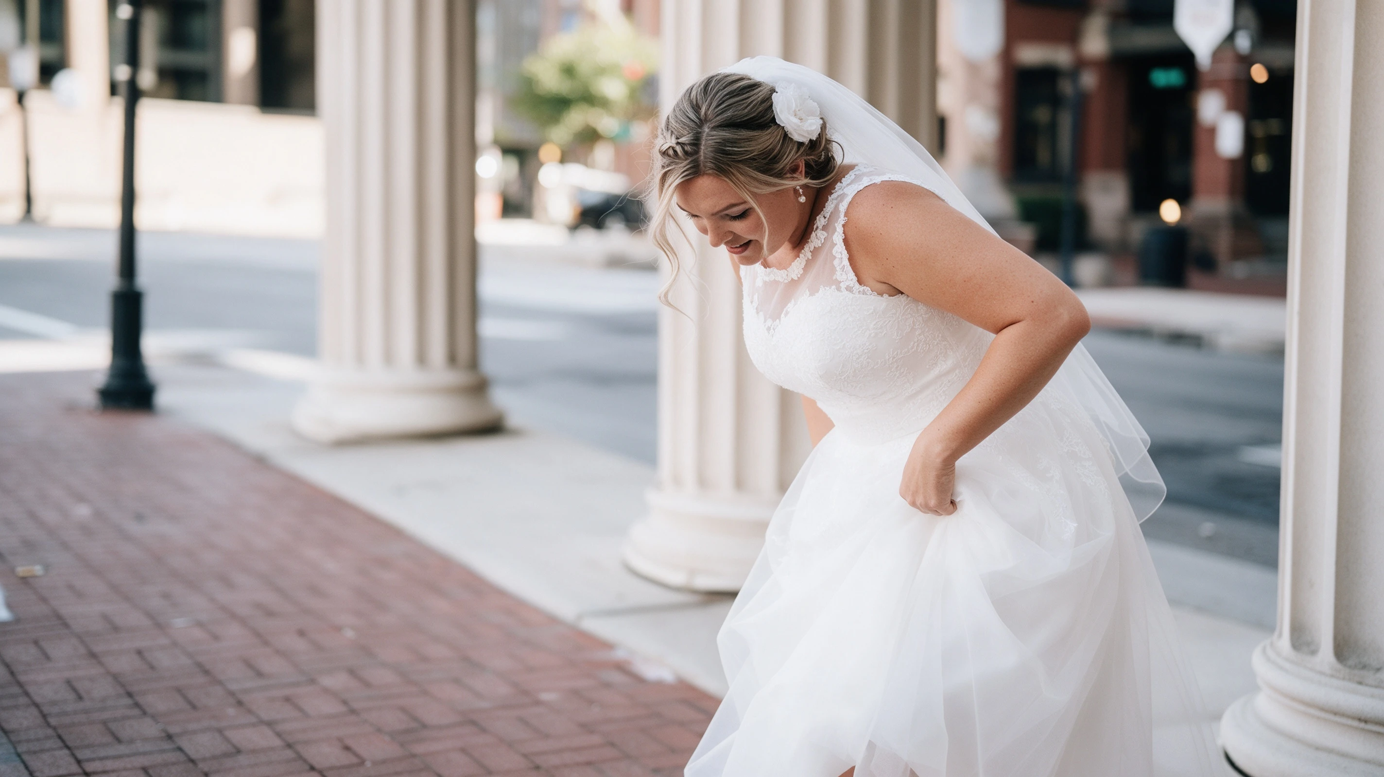 Fixing the hem of my short lace wedding dress before the wedding