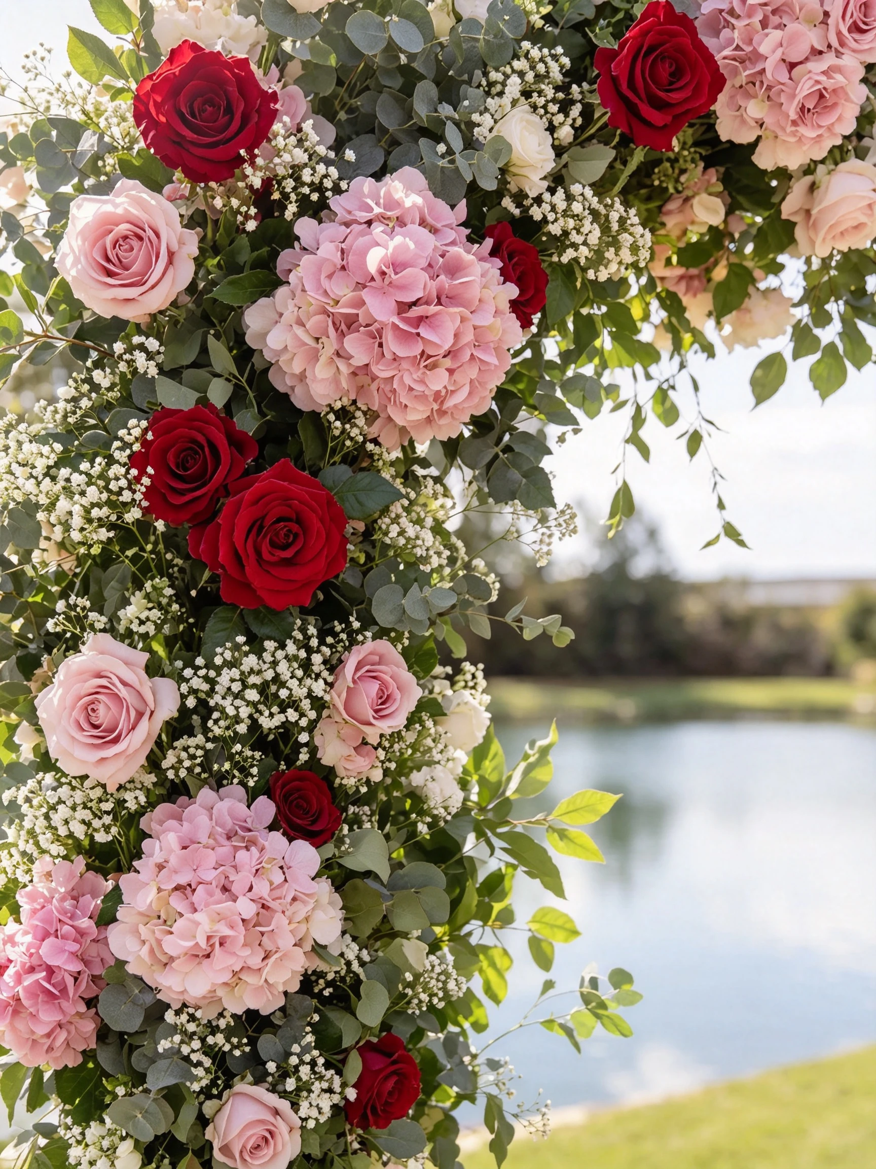 Close view of a floral wedding arch with roses and greenery