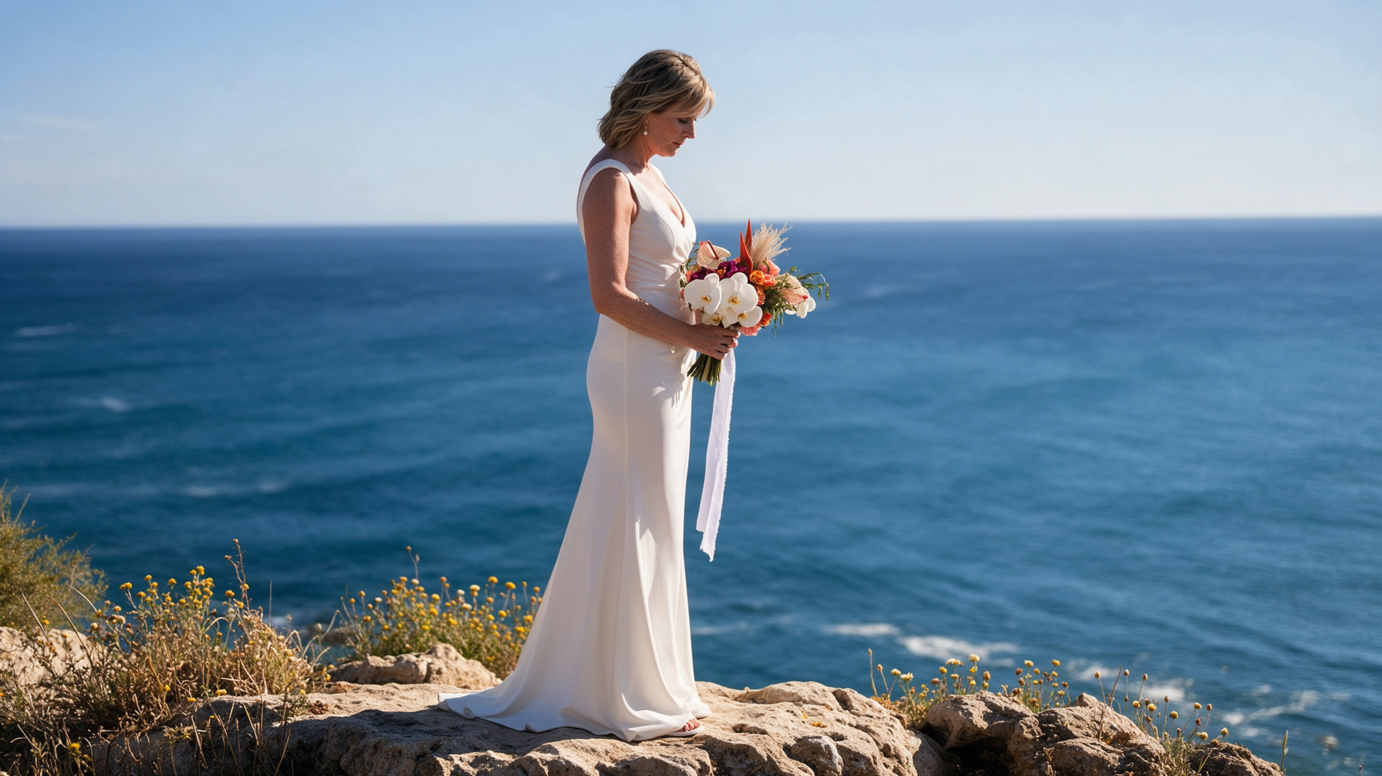 Full body view of ivory ANNAKOO wedding dress on Portugal cliff top