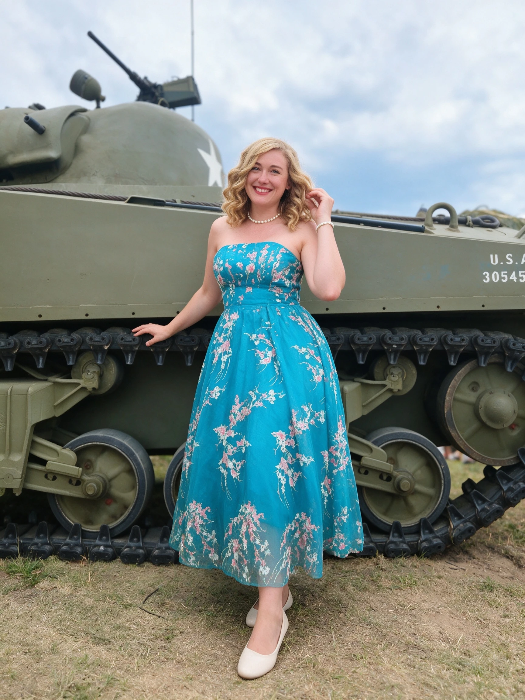 Full length portrait of a woman in a cream floral lace A-line dress beside a vintage military tank