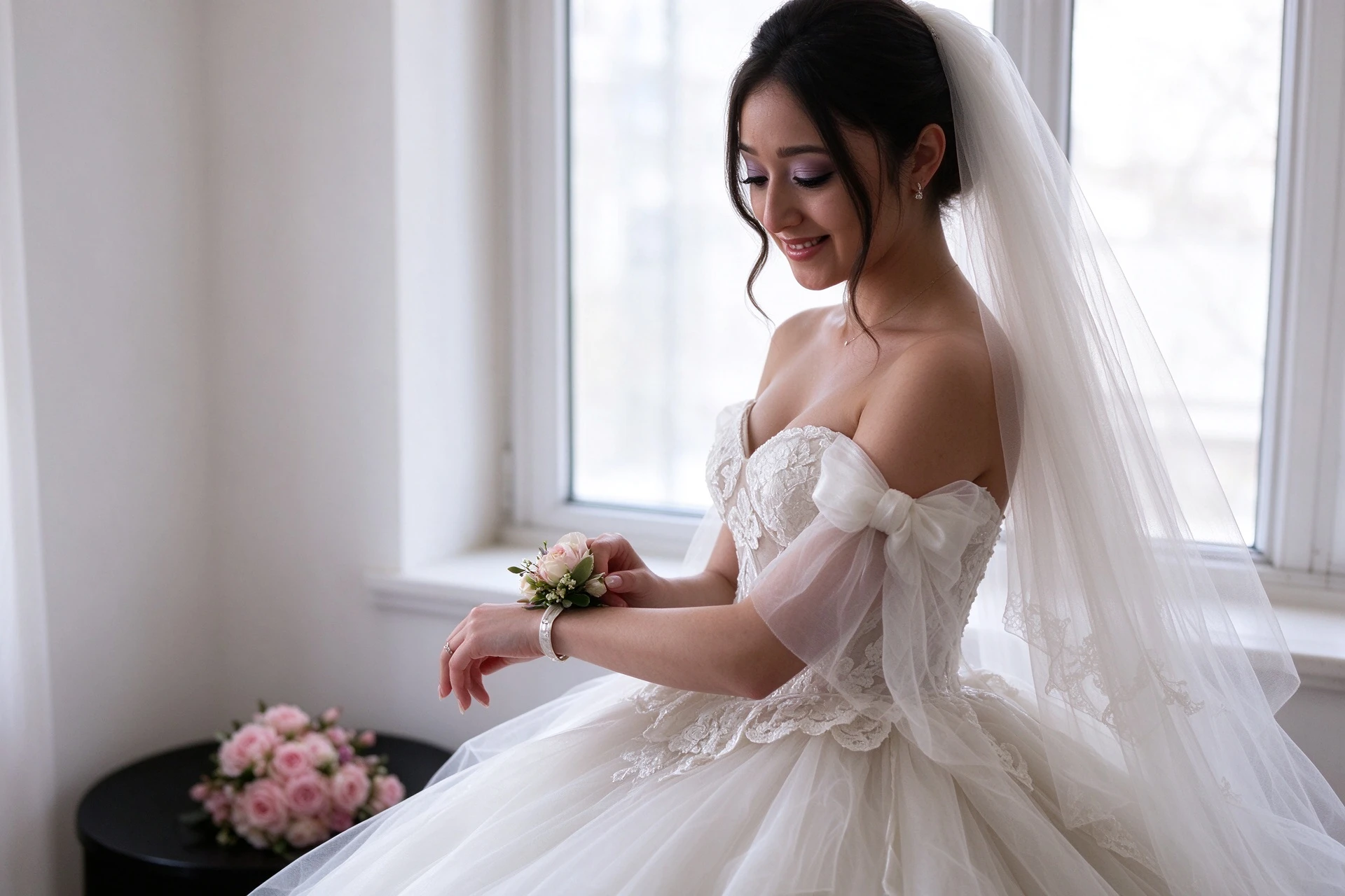 Bride getting ready in an off the shoulder ivory tulle sleeve ballgown