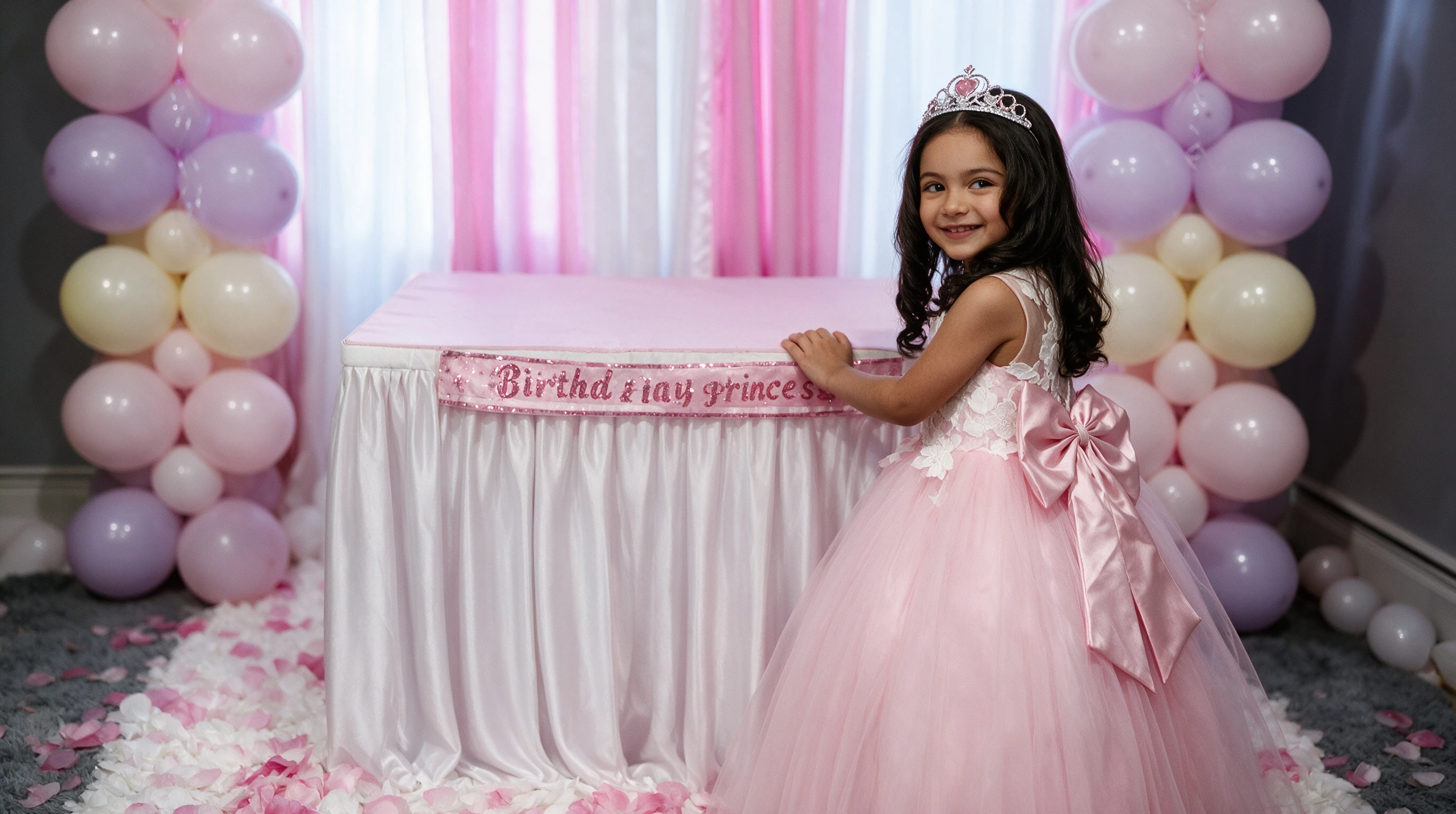 Girl beside a decorated birthday table wearing a pink flower girl gown