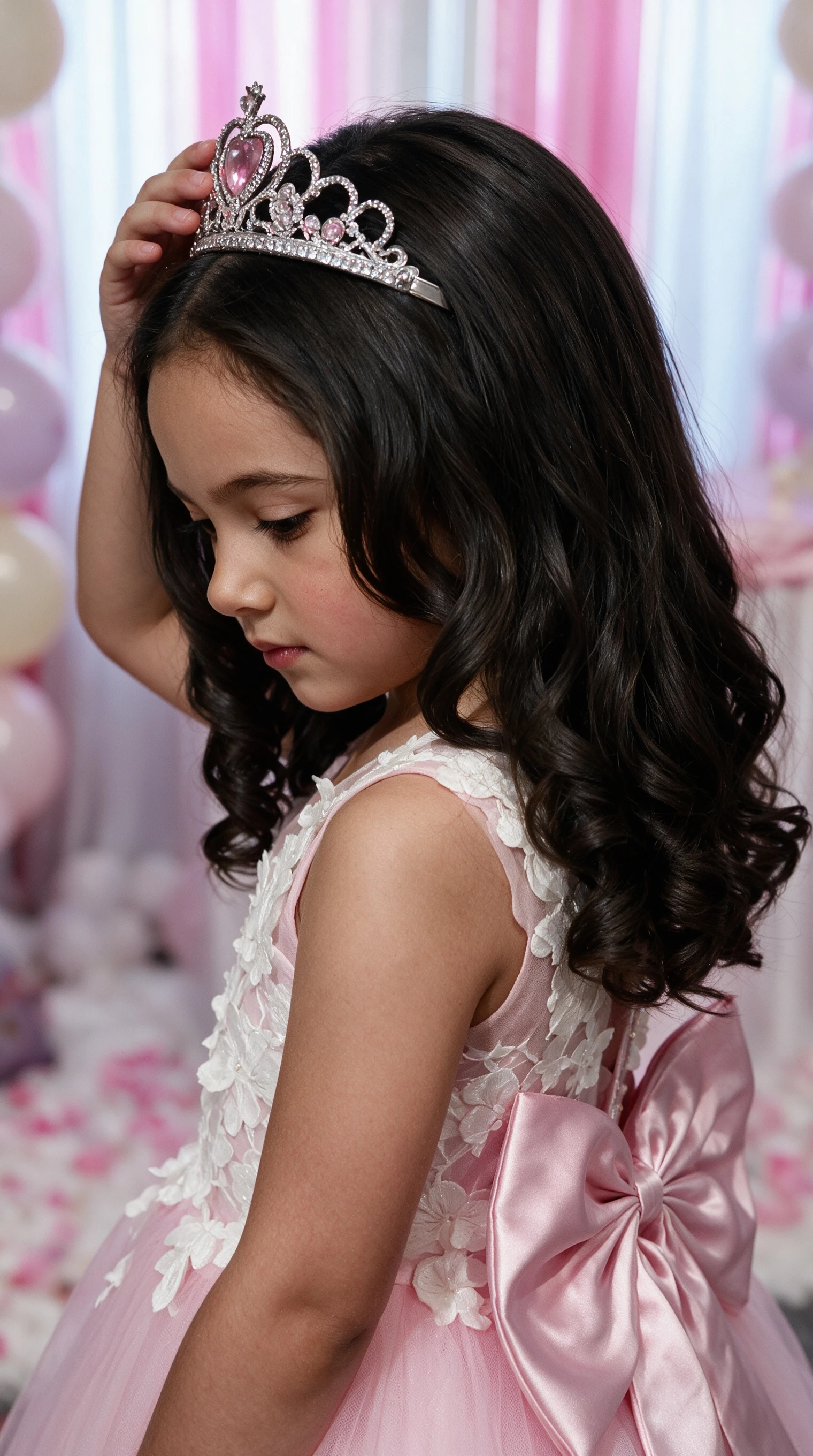Girl wearing a pink lace gown and touching a silver tiara