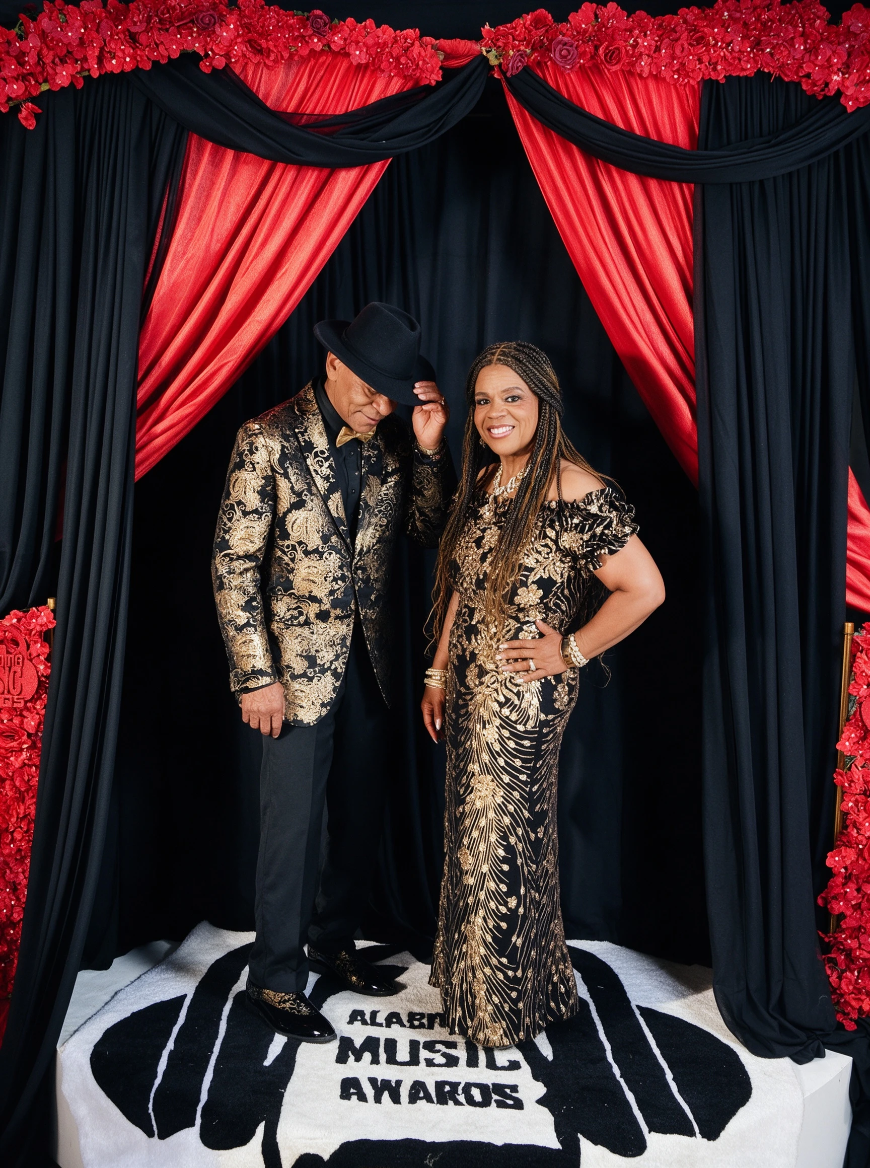 Couple wearing coordinated black and gold outfits at awards photo booth