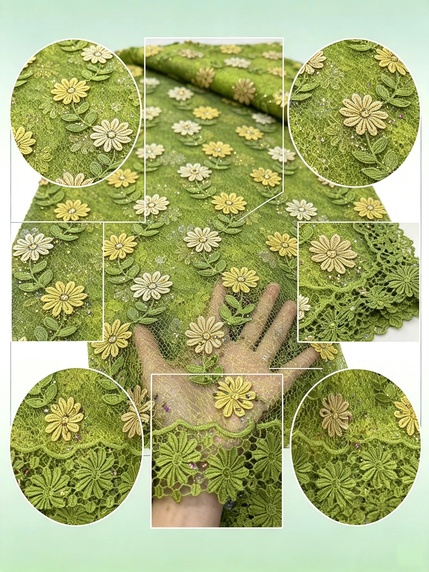ANNAKOO custom green lace fabric with floral beading and embellishment