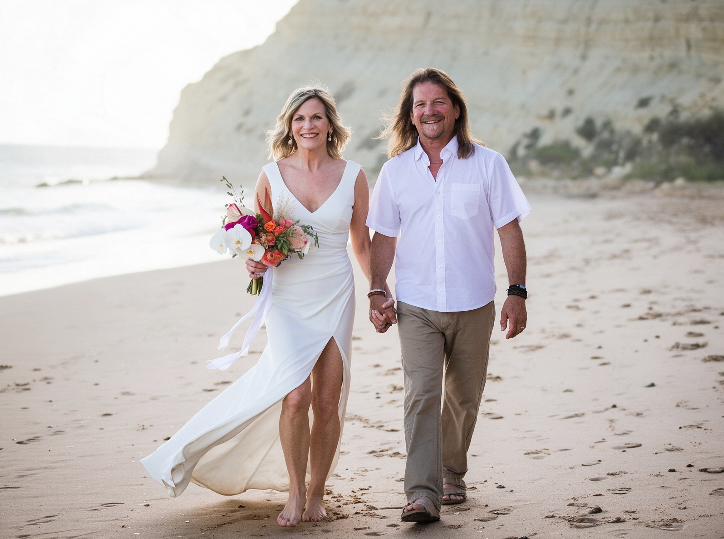 Bride and groom walking hand in hand on sandy beach during Portugal elopement