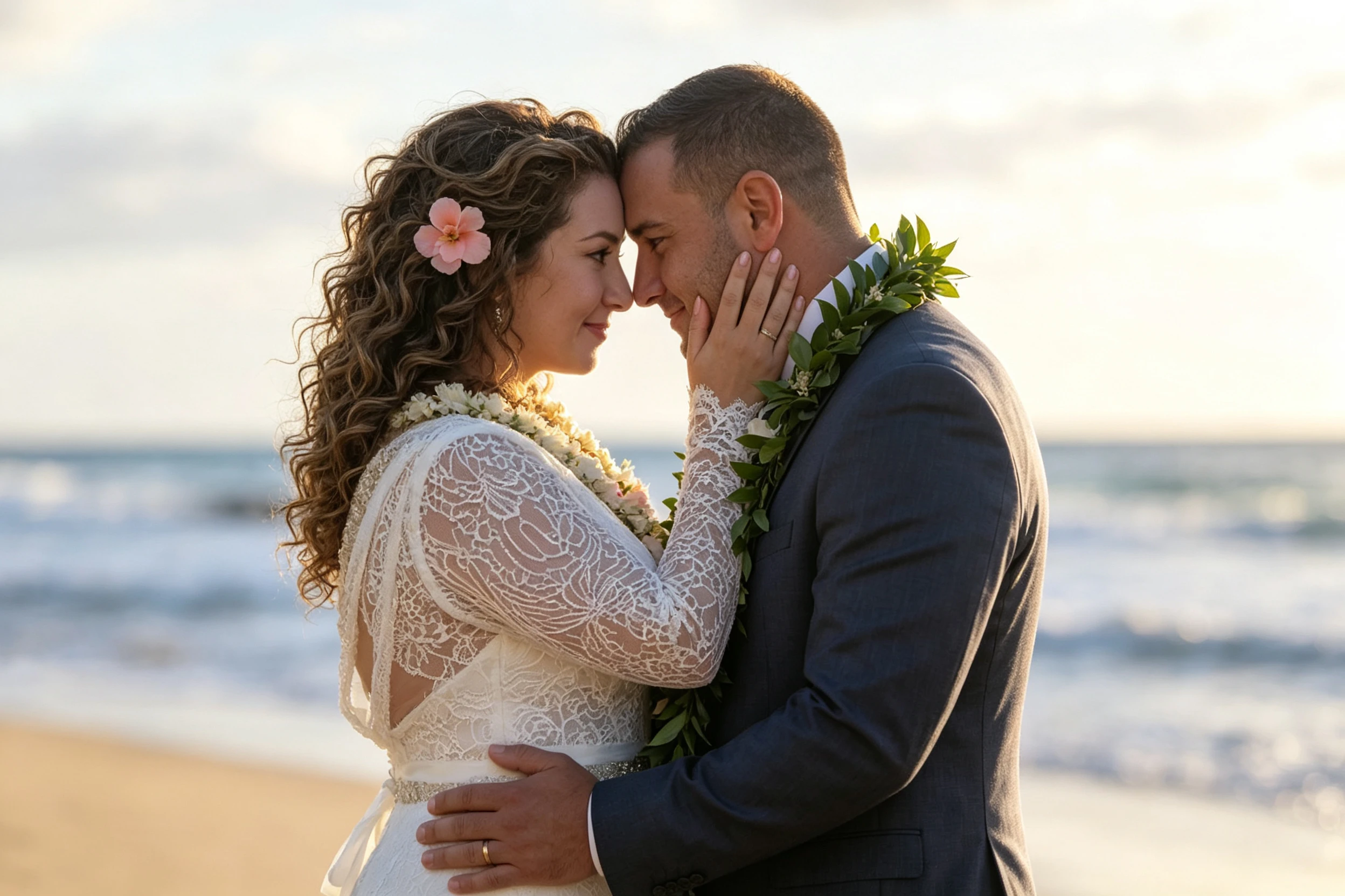 Newlywed couple sharing an intimate moment during an Oahu beach wedding