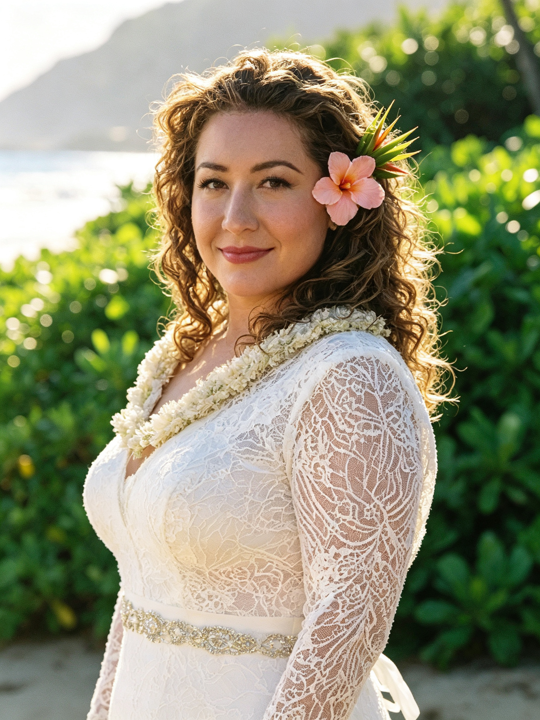 Bride in a white lace gown surrounded by tropical greenery in Hawaii