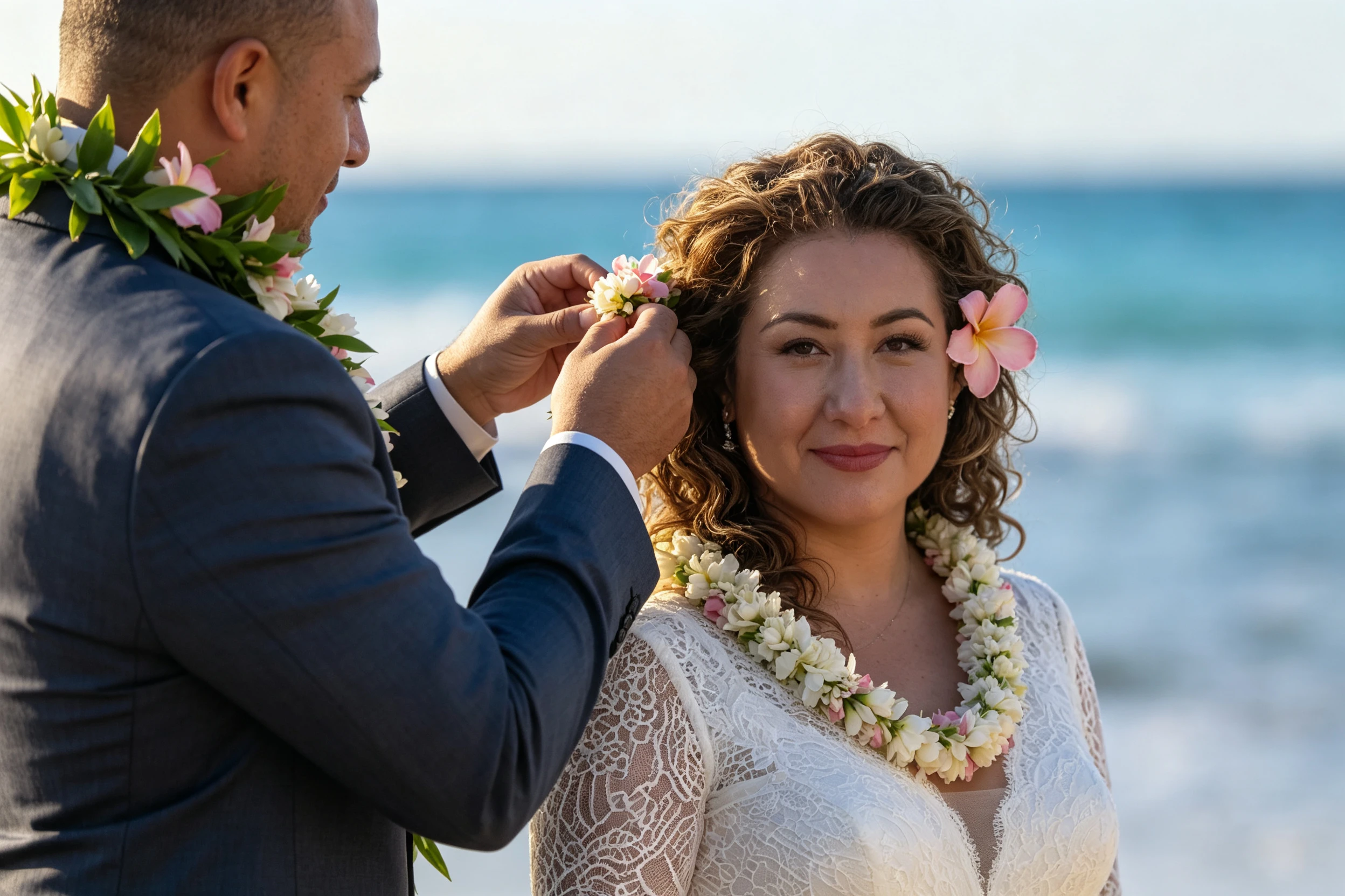 Groom placing a flower lei on the bride during a small Hawaii beach ceremony