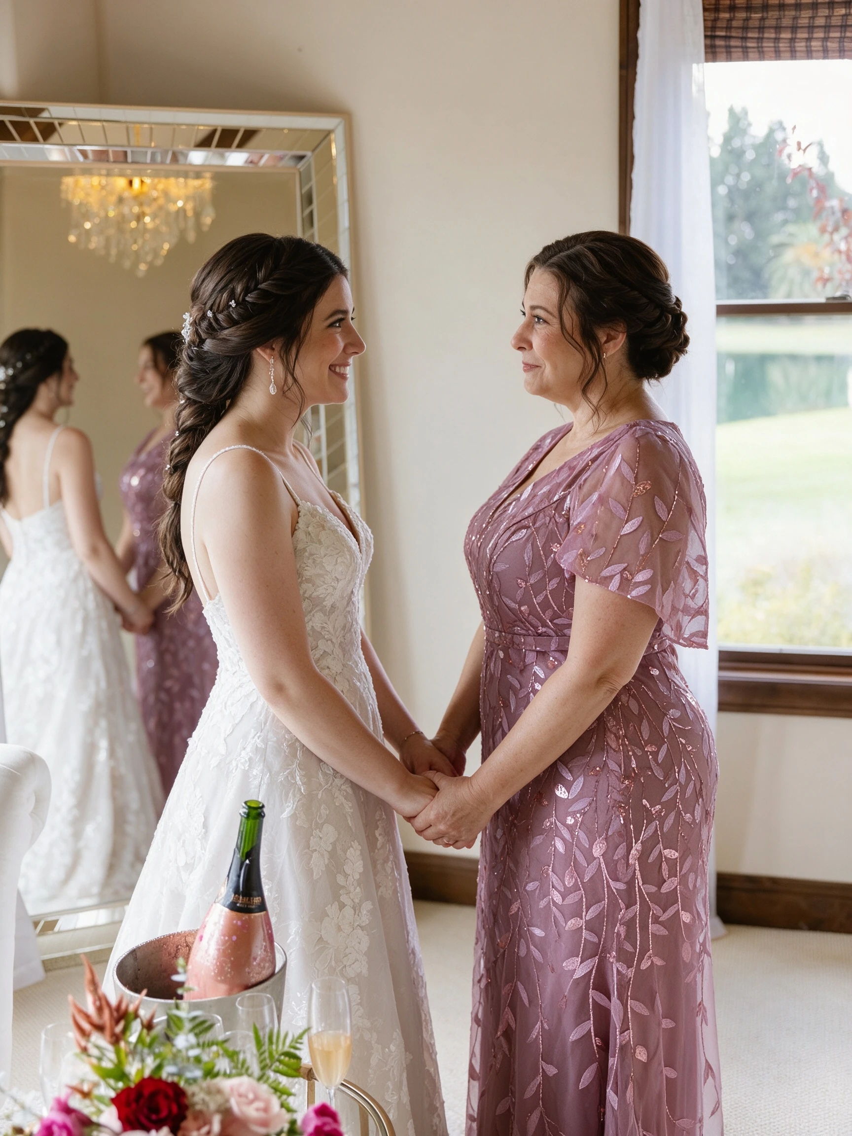 Mother holding her daughter's hand before the wedding ceremony