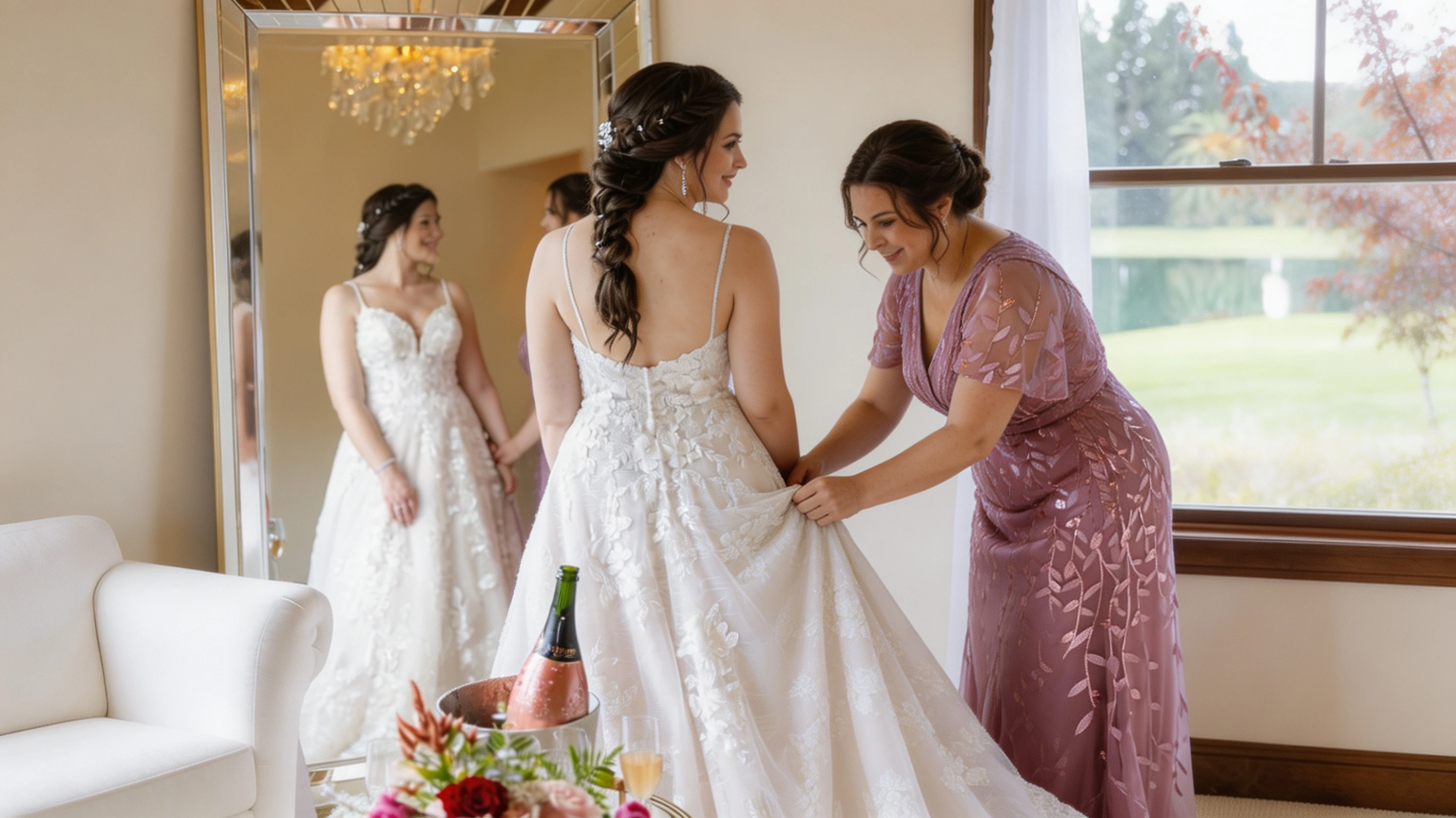 Mother helping her daughter adjust her lace bridal gown before the ceremony