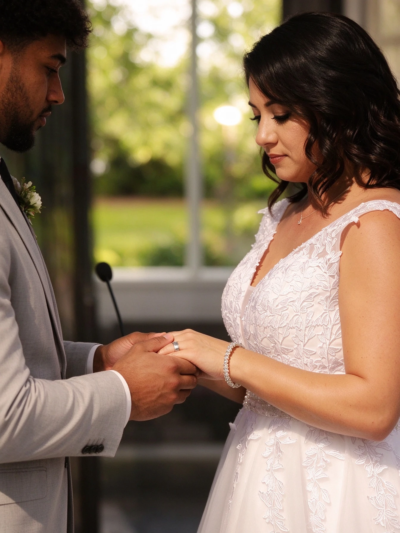 Groom placing a wedding ring onto the bride's lace-covered hand