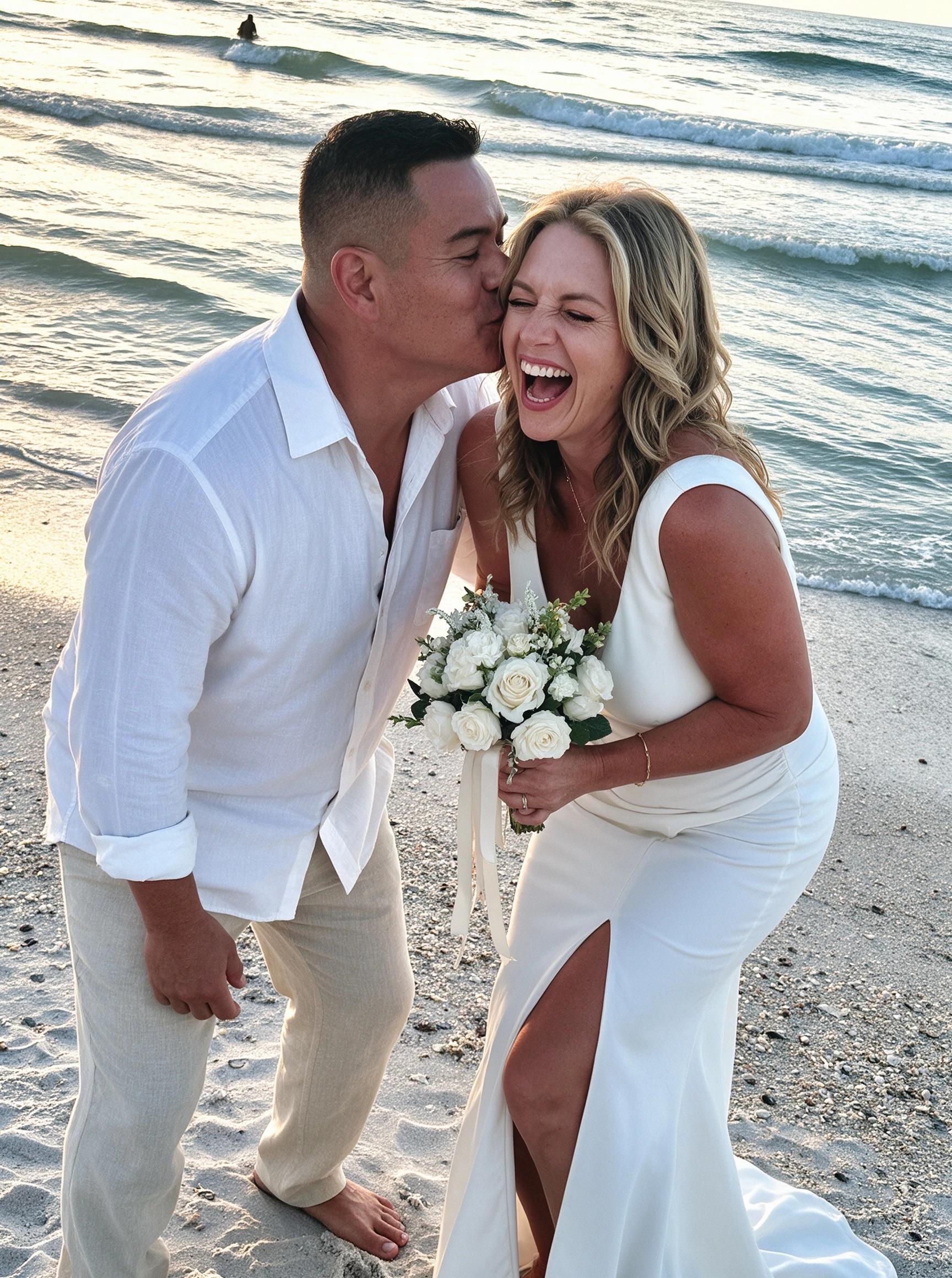 Groom kissing bride's cheek on Siesta Key Beach during their wedding