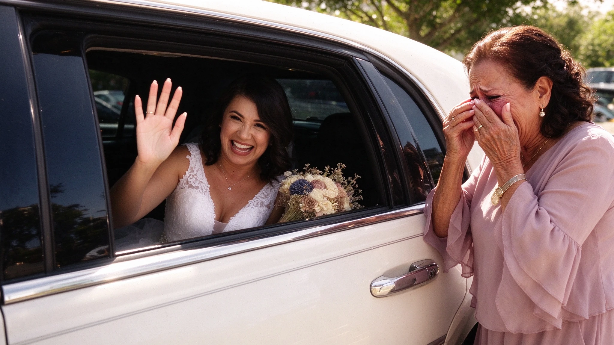 Bride waving from a white car while wearing a leaf lace wedding dress