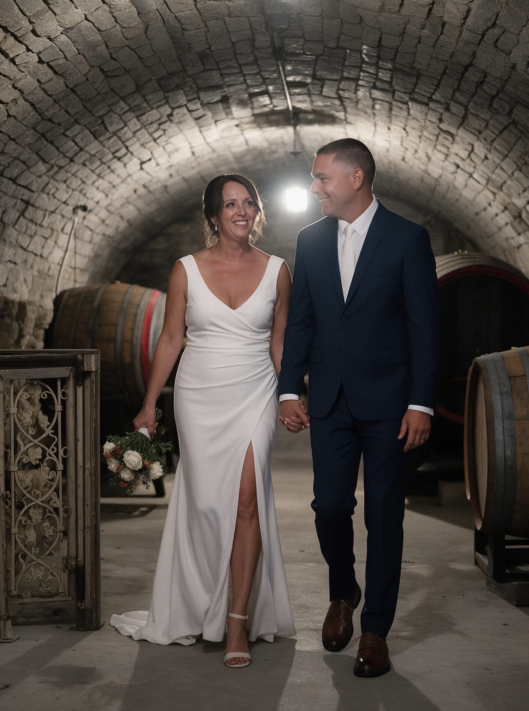 Bride inside the stone wine cellar wearing a white crepe wedding gown with front slit