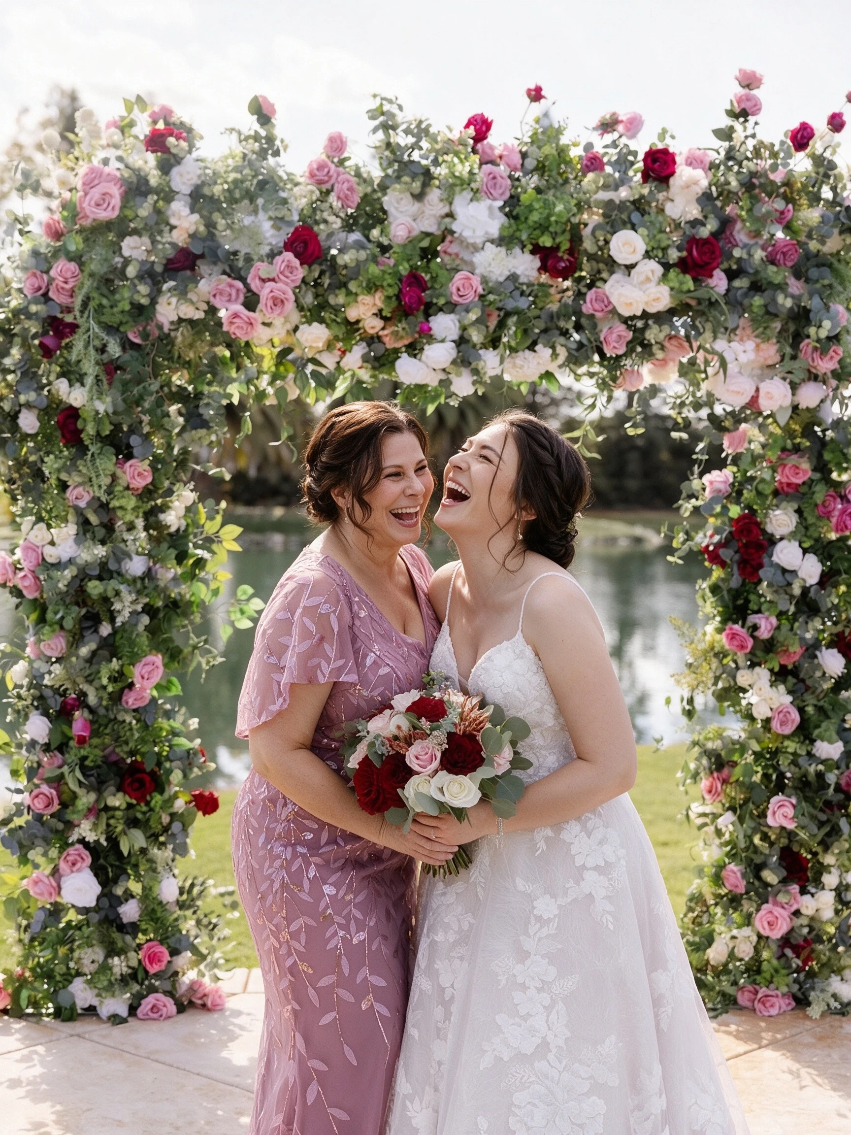 Mother and daughter laughing together beneath a floral wedding arch
