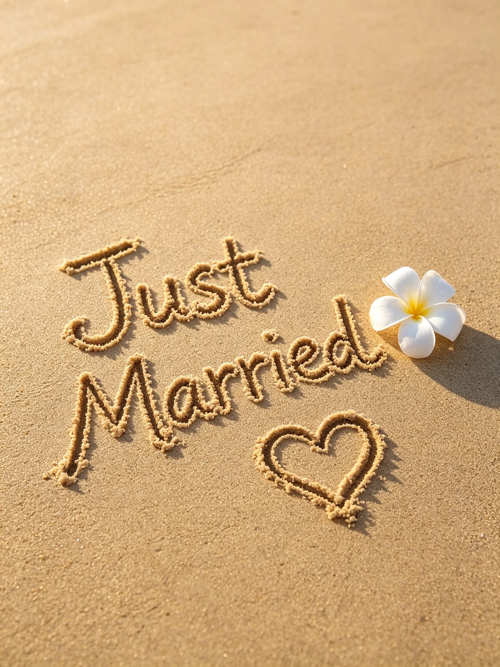 Just married message written in the sand with a plumeria flower in Hawaii