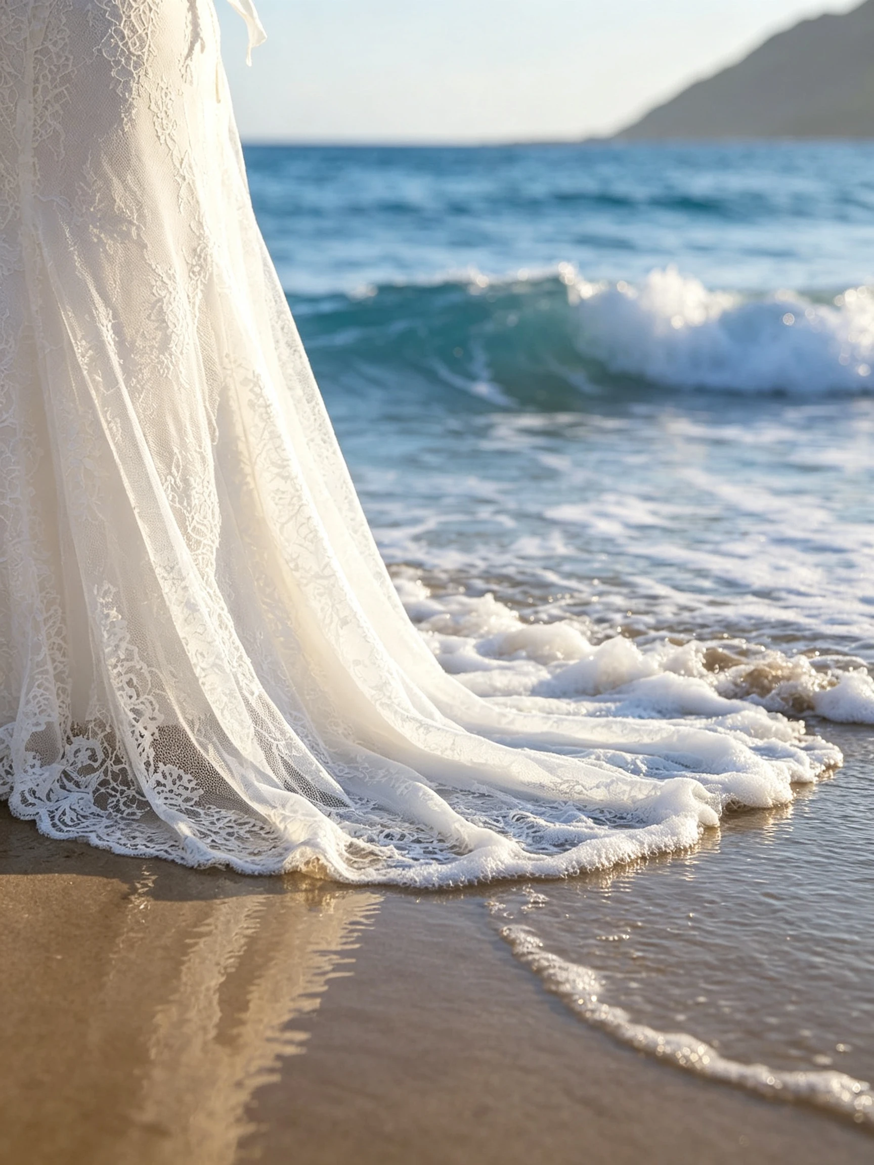 Lace wedding dress train beside the waves on a sandy Oahu beach