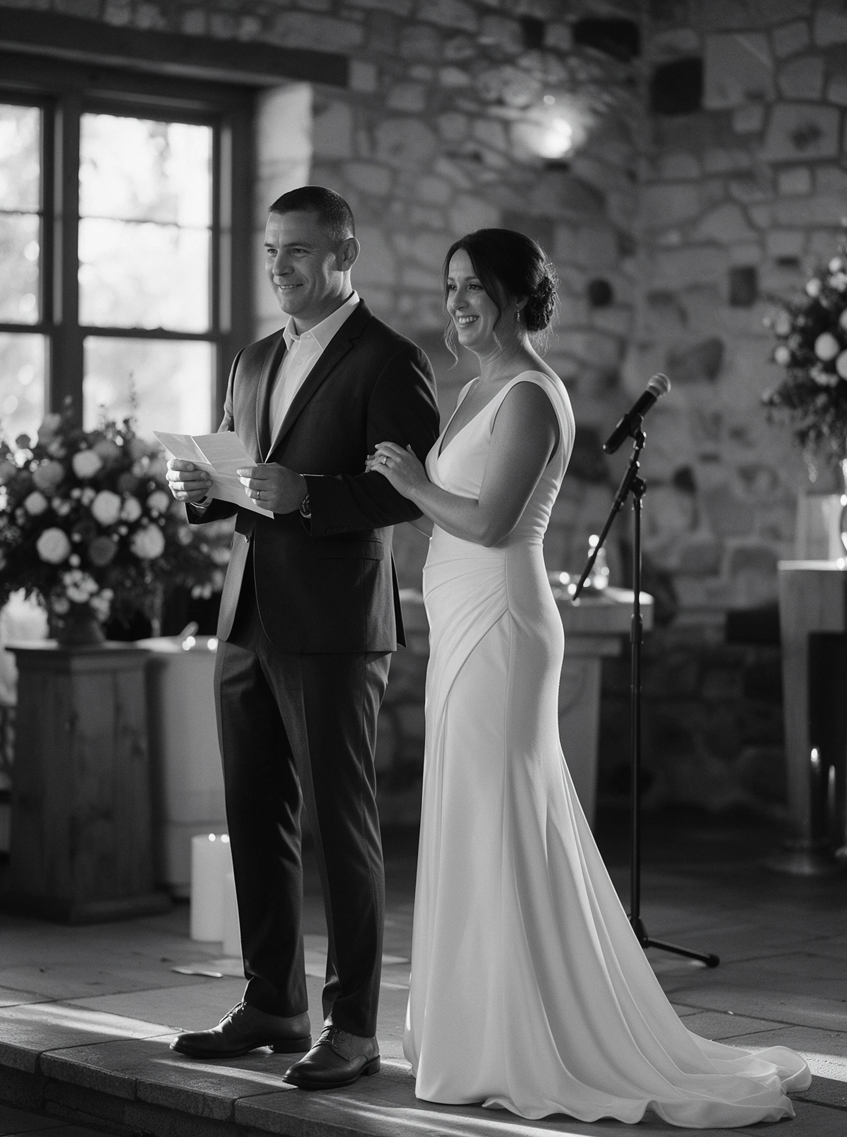 Bride laughing during wedding vows in a white V neck crepe gown