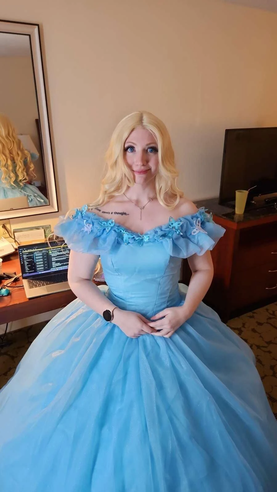 Light blue princess ball gown front view with full skirt