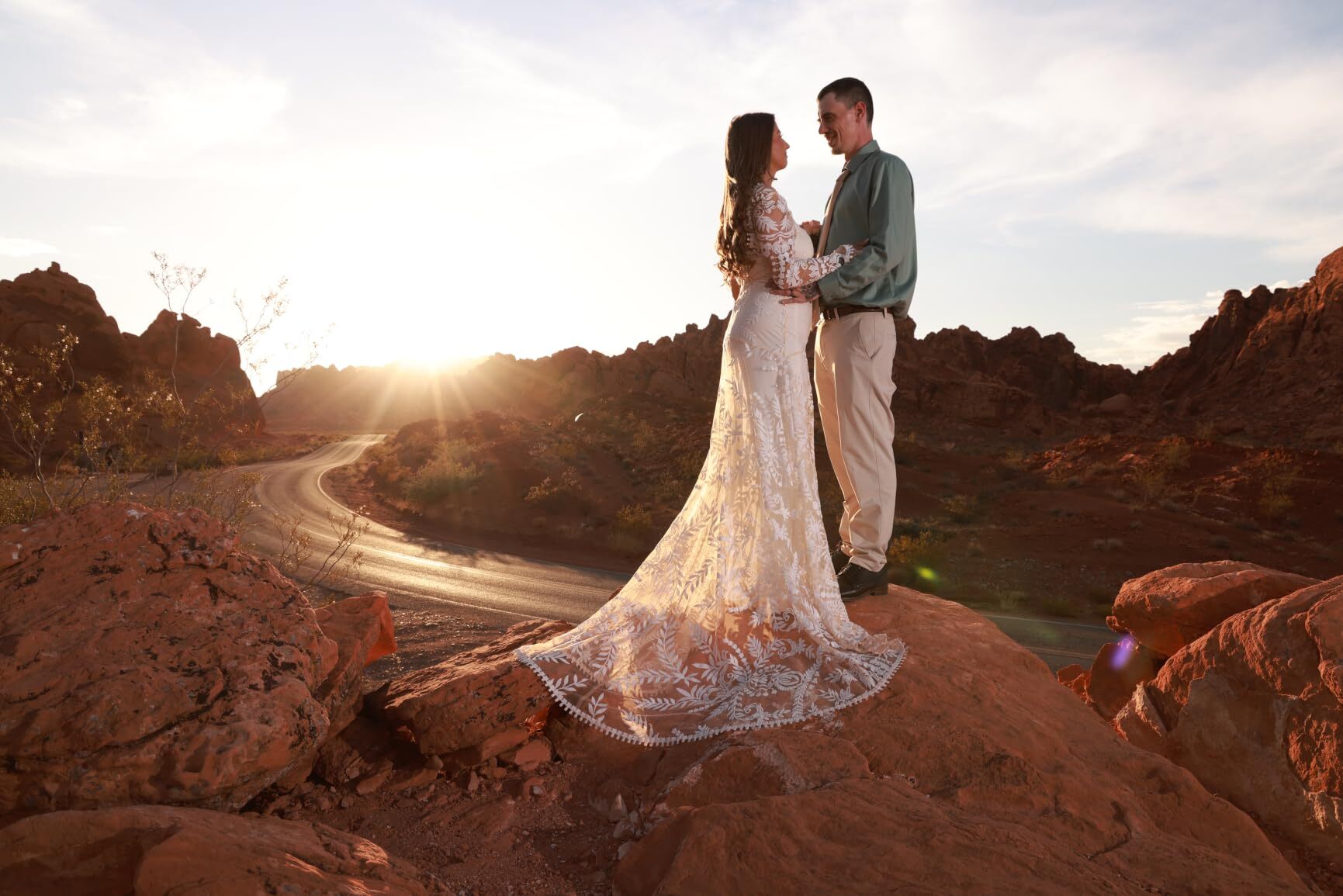 Bride and groom at Valley of Fire during a desert wedding sunset