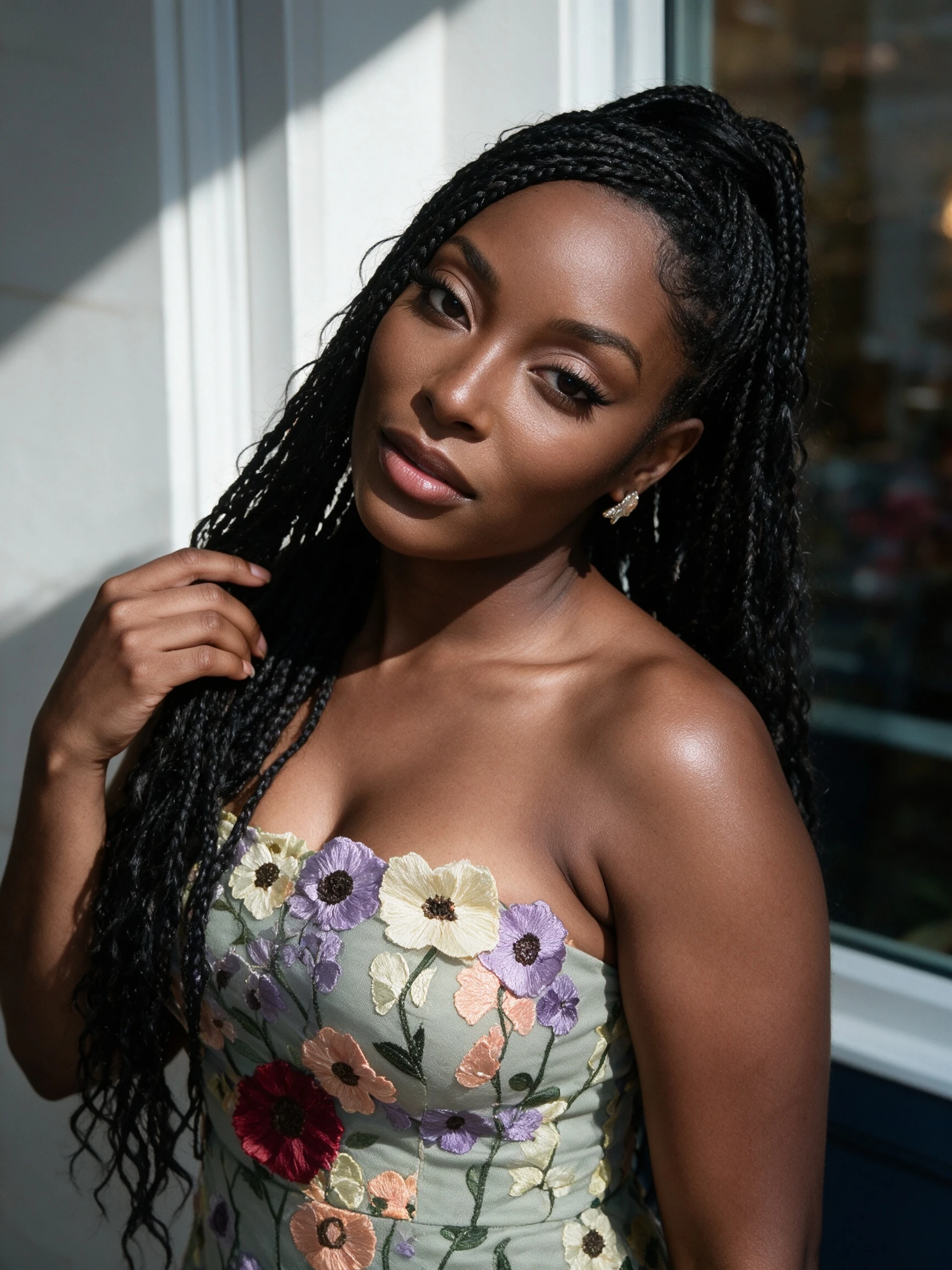 Woman wearing strapless floral midi dress during an outdoor flower shoot